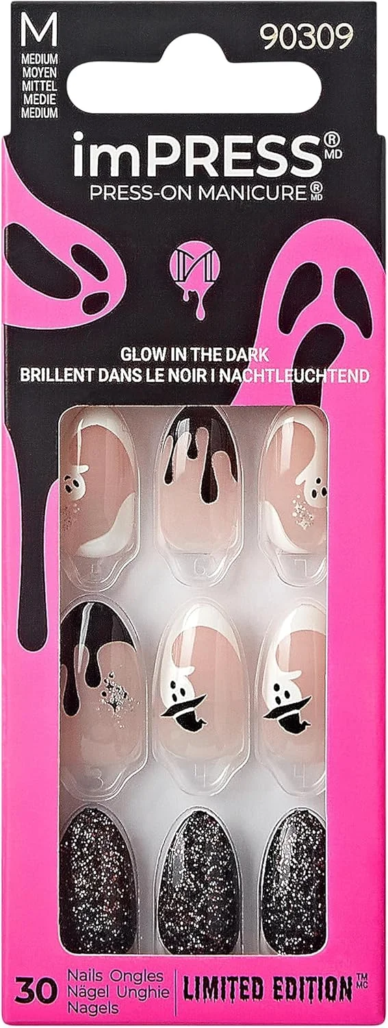 کاشت ناخن فوری imPRESS KISS برای هالووین، رنگ خنثی، قد متوسط، فرم بادامی، فناوری PureFit، ضد لب پر شدن، ضد لک، ضد آب، پد آماده سازی، سوهان ناخن کوچک، چوب مانیکور و 30 ناخن مصنوعی