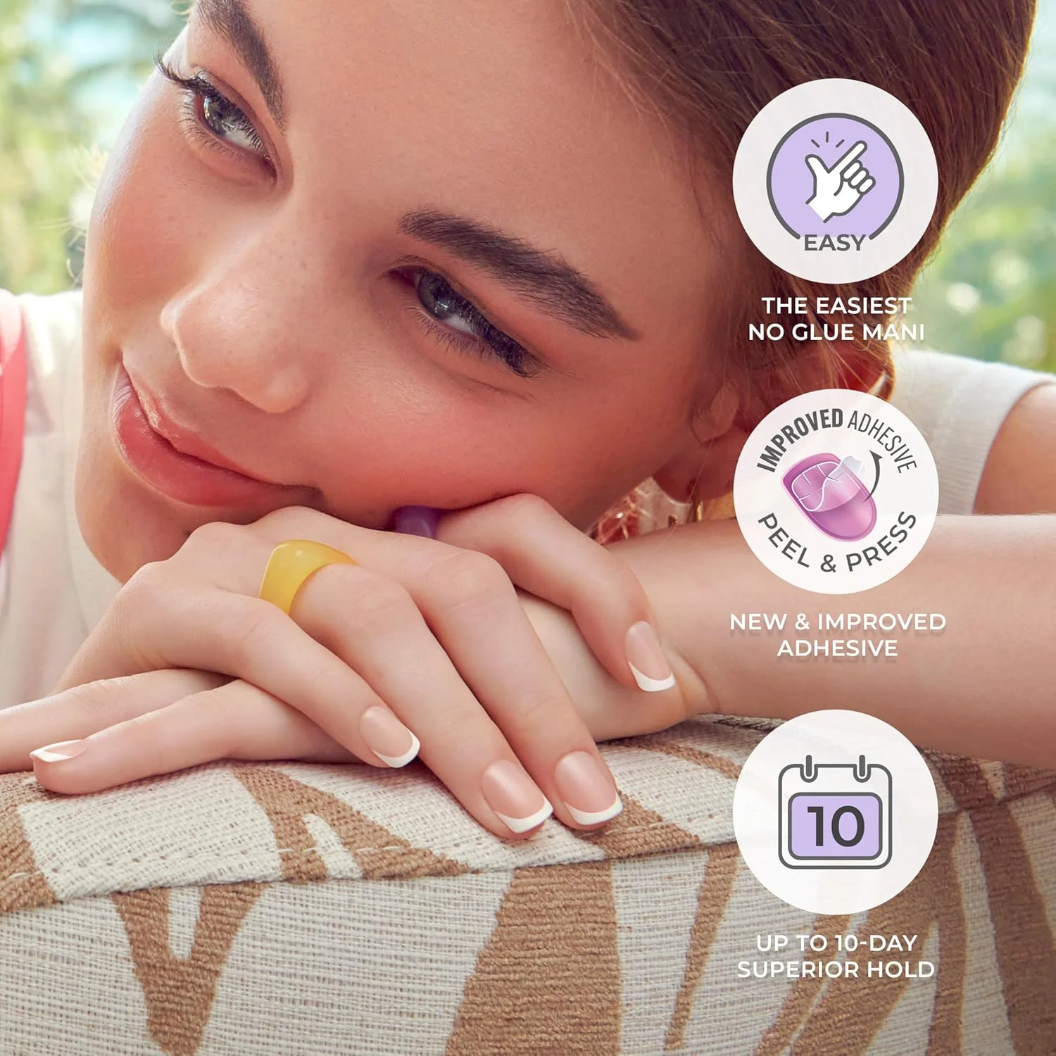 ناخن مصنوعی چسبی مدل فرانسوی، رنگ خنثی روشن + نوک سفید فرانسوی، سایز متوسط، فرم تابوتی، شامل 30 ناخن، پد تمیز کننده، برگه راهنما، یک چوب مانیکور، یک سوهان کوچک