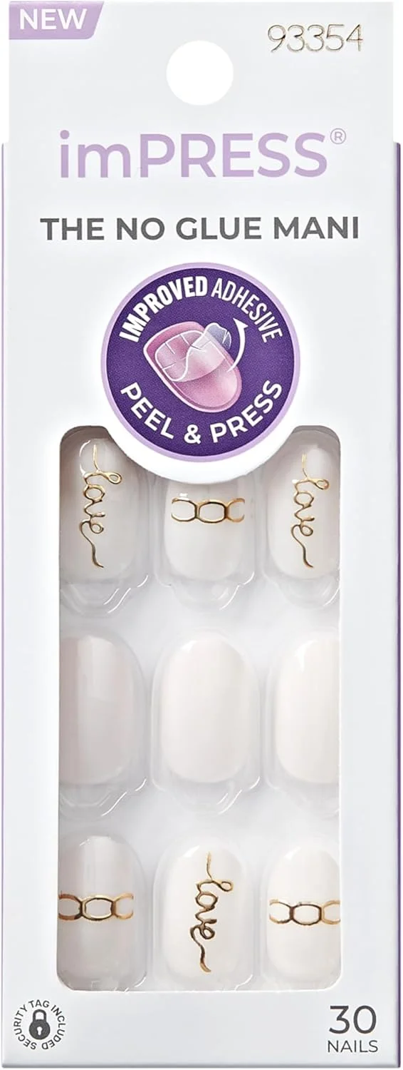 ناخن مصنوعی چسبی KISS imPRESS، طرح 'قلب کیوپید'، سفید، سایز کوتاه، فرم بیضی، شامل 30 ناخن، پد تمیز کننده، برگه راهنما، 1 چوب مانیکور، 1 سوهان کوچک