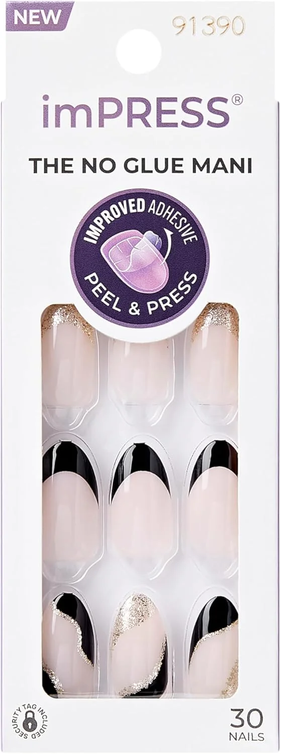 ناخن مصنوعی چسبی KISS imPRESS، طرح فرانسوی، 'Illusion'، نوک مشکی خنثی تیره، سایز متوسط، فرم بادامی، شامل 30 ناخن، پد آماده سازی، برگه راهنما، 1 چوب مانیکور، 1 سوهان کوچک