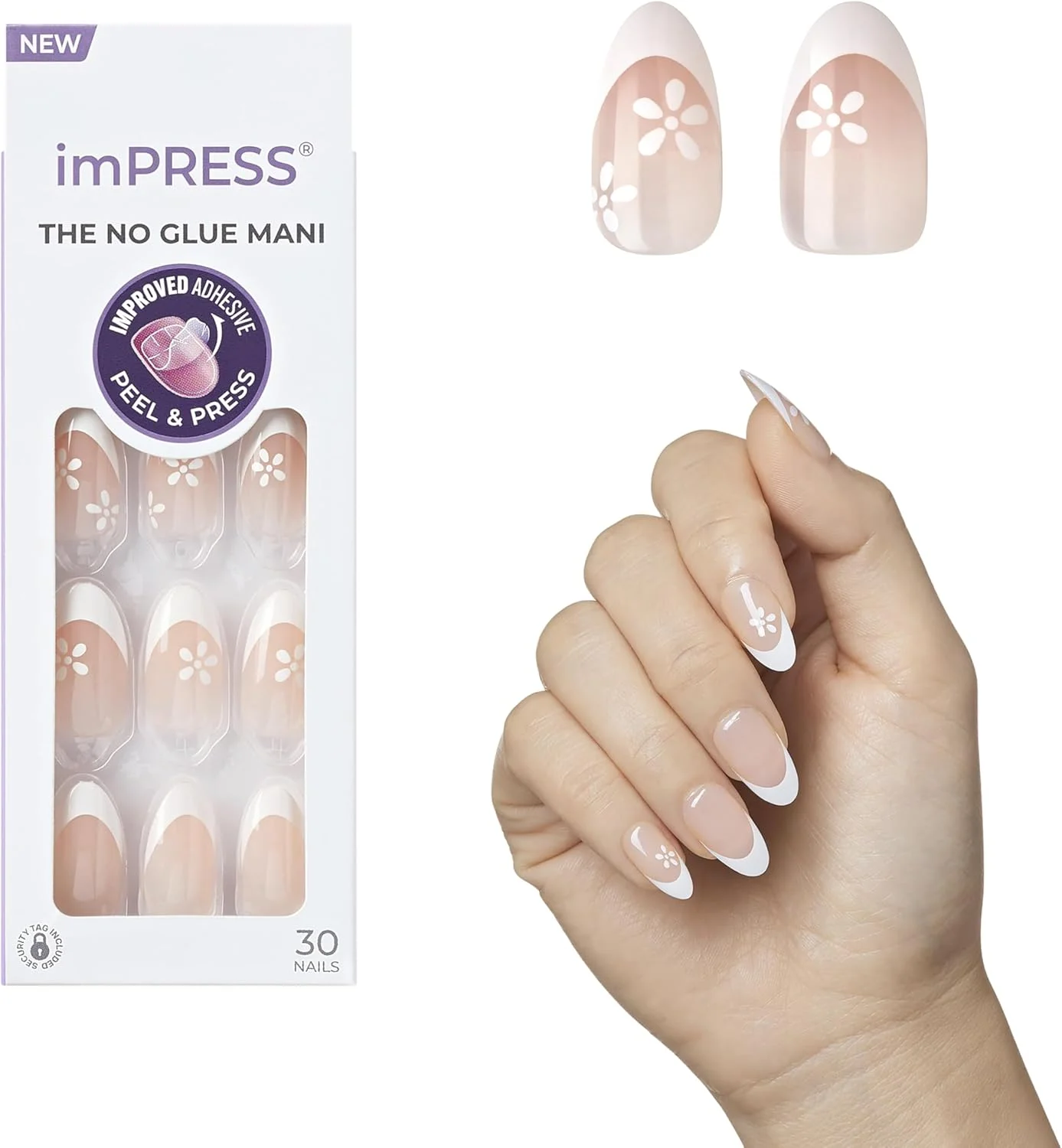 ناخن مصنوعی چسبی مدل فرنچ، رنگ خنثی روشن + نوک سفید، سایز متوسط، فرم بادامی، شامل 30 ناخن، پد تمیز کننده، برگه راهنما، یک چوب مانیکور و یک سوهان کوچک