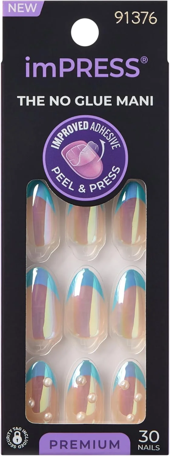 ناخن مصنوعی چسبی KISS imPRESS، مدل 'Best Life'، آبی، سایز متوسط، فرم بادامی، شامل 30 ناخن، پد آماده سازی، برگه راهنما، 1 چوب مانیکور، 1 سوهان کوچک