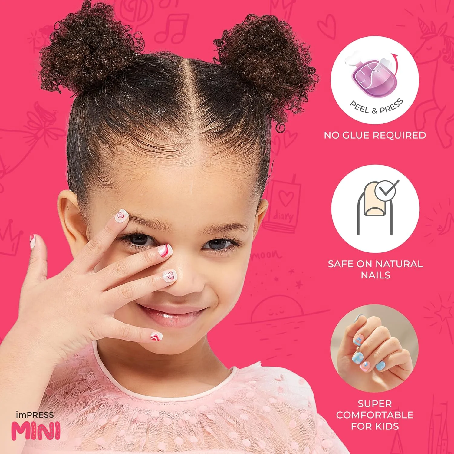 کیت طراحی ناخن بچه گانه KISS imPRESS MINI، ست مانیکور ناخن مصنوعی، 20 ناخن مصنوعی، 6 ناخن تزیینی، 4 برگه استیکر