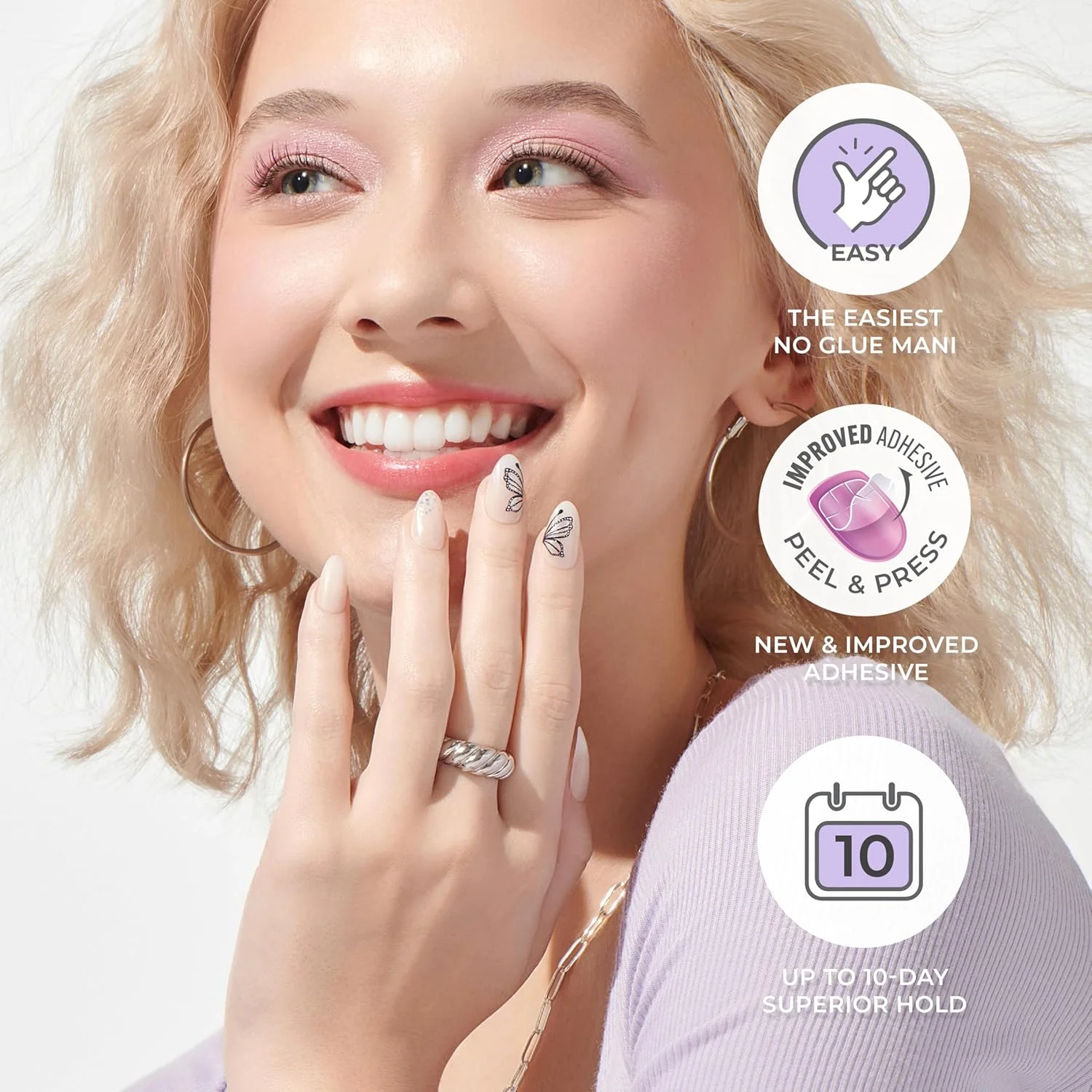 ناخن مصنوعی چسبی KISS imPRESS، طرح 'Wild Venus'، صورتی، سایز متوسط، فرم بادامی، شامل 30 ناخن، پد تمیز کننده، برگه راهنما، 1 چوب مانیکور، 1 سوهان کوچک