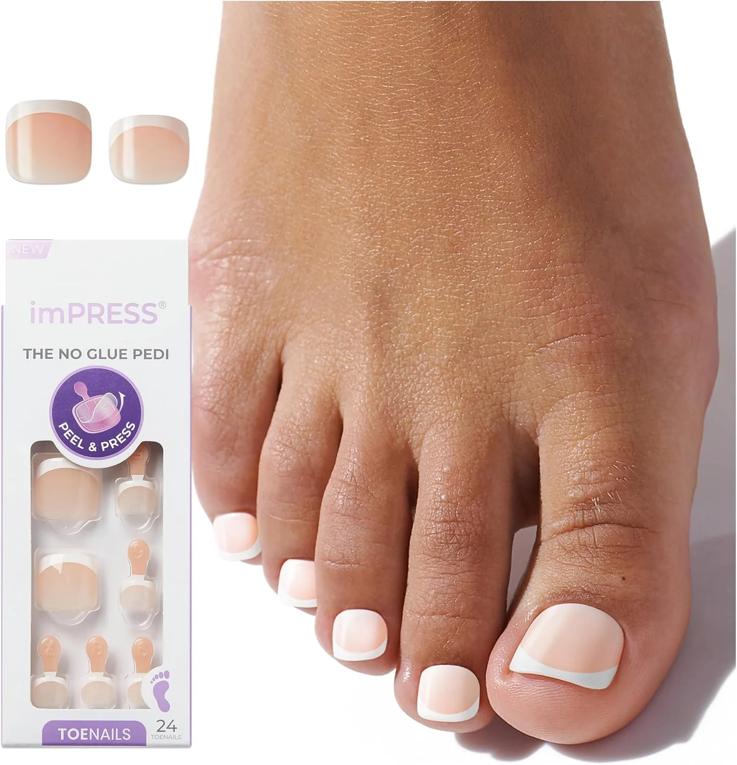 ناخن مصنوعی پدیکور با طرح فرنچ نوک سفید، مدل 'Blanc Chic'، سفید، کوتاه، بیضی-مربعی. شامل 24 ناخن مصنوعی، پد آماده سازی، سوهان ناخن کوچک و چوب پدیکور