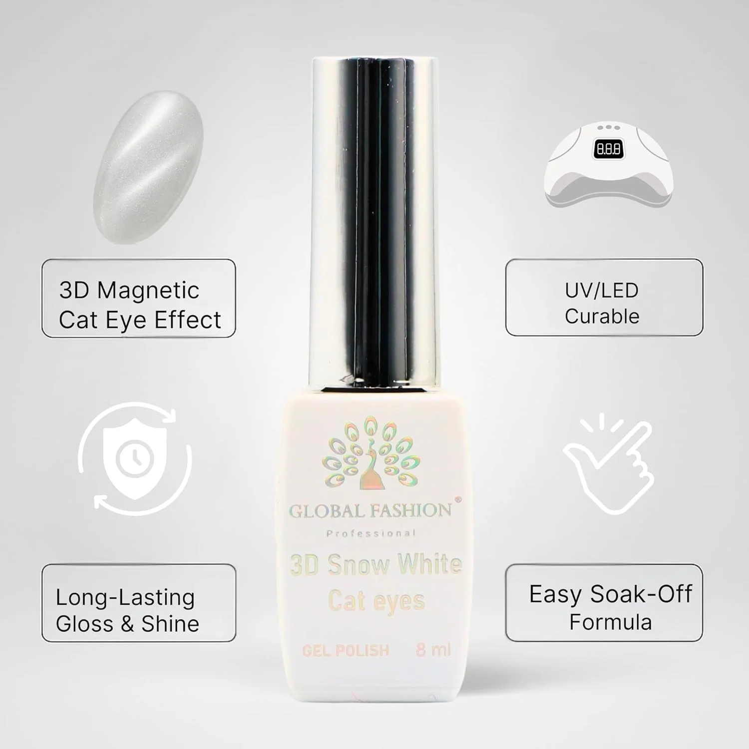 لاک ژل چشم گربه ای سه بعدی سفید برفی 8 میل – ژل مغناطیسی بادوام، درخشش هولوگرافیک، خیساندن با UV/LED، مقاوم در برابر لب پر شدن، وگان بدون تست حیوانی، طراحی ناخن DIY، مانیکور و پدیکور با کیفیت سالن (009)