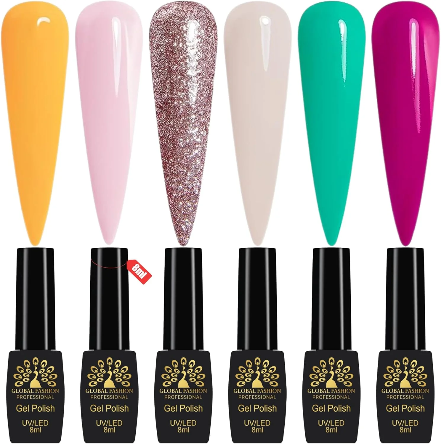 ست لاک ژل گلوبال فشن، 6 عدد 8 میلی لیتری، مشکی الیت UV/LED، ماندگاری طولانی، مقاوم در برابر لب پر شدن، فرمول وگان، استفاده آسان، پوشش براق برای سالن و طراحی ناخن DIY (شکوفه بهاری)