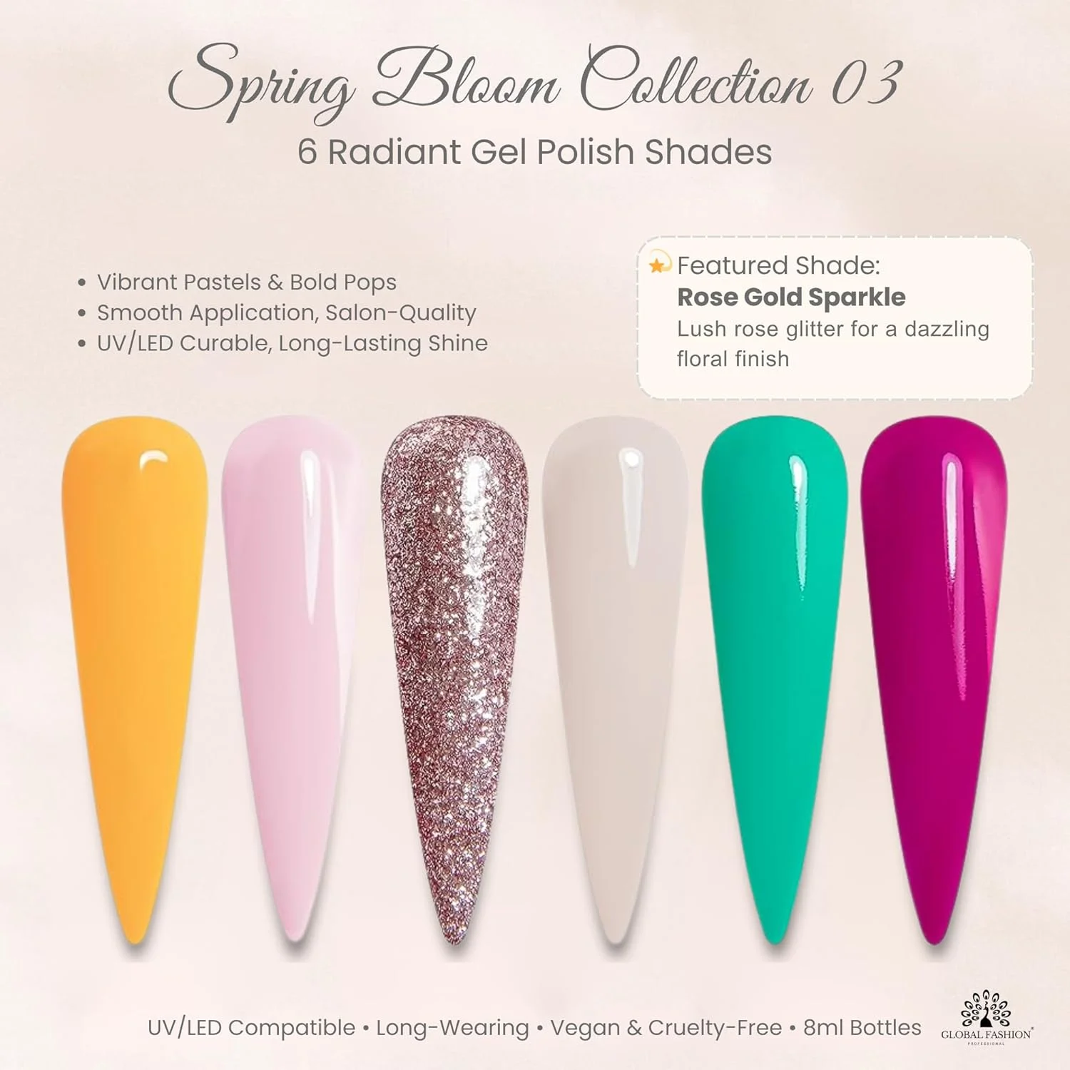 ست لاک ژل گلوبال فشن، 6 عدد 8 میلی لیتری، مشکی الیت UV/LED، ماندگاری طولانی، مقاوم در برابر لب پر شدن، فرمول وگان، استفاده آسان، پوشش براق برای سالن و طراحی ناخن DIY (شکوفه بهاری)