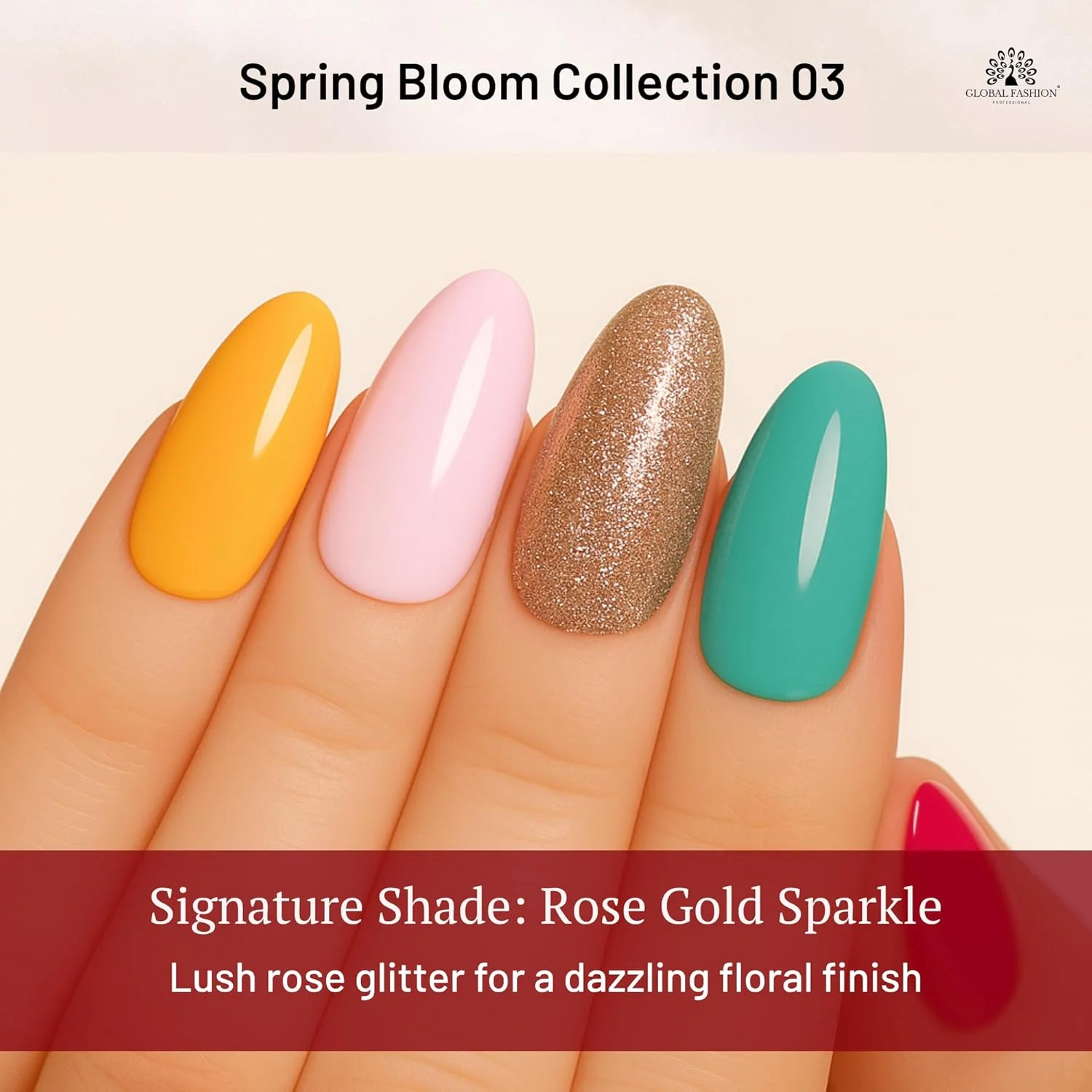 ست لاک ژل گلوبال فشن، 6 عدد 8 میلی لیتری، مشکی الیت UV/LED، ماندگاری طولانی، مقاوم در برابر لب پر شدن، فرمول وگان، استفاده آسان، پوشش براق برای سالن و طراحی ناخن DIY (شکوفه بهاری)