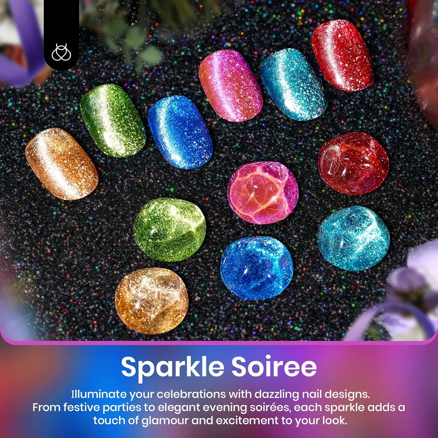 لاک ژل چشم گربه ای بیترلز، 6 رنگ قرمز، بنفش، سبز، آبی، طلایی، ست اکلیلی هولوگرافیک و آهنربا، اکلیل UV، مخملی، براق، سری Soiree، هدیه