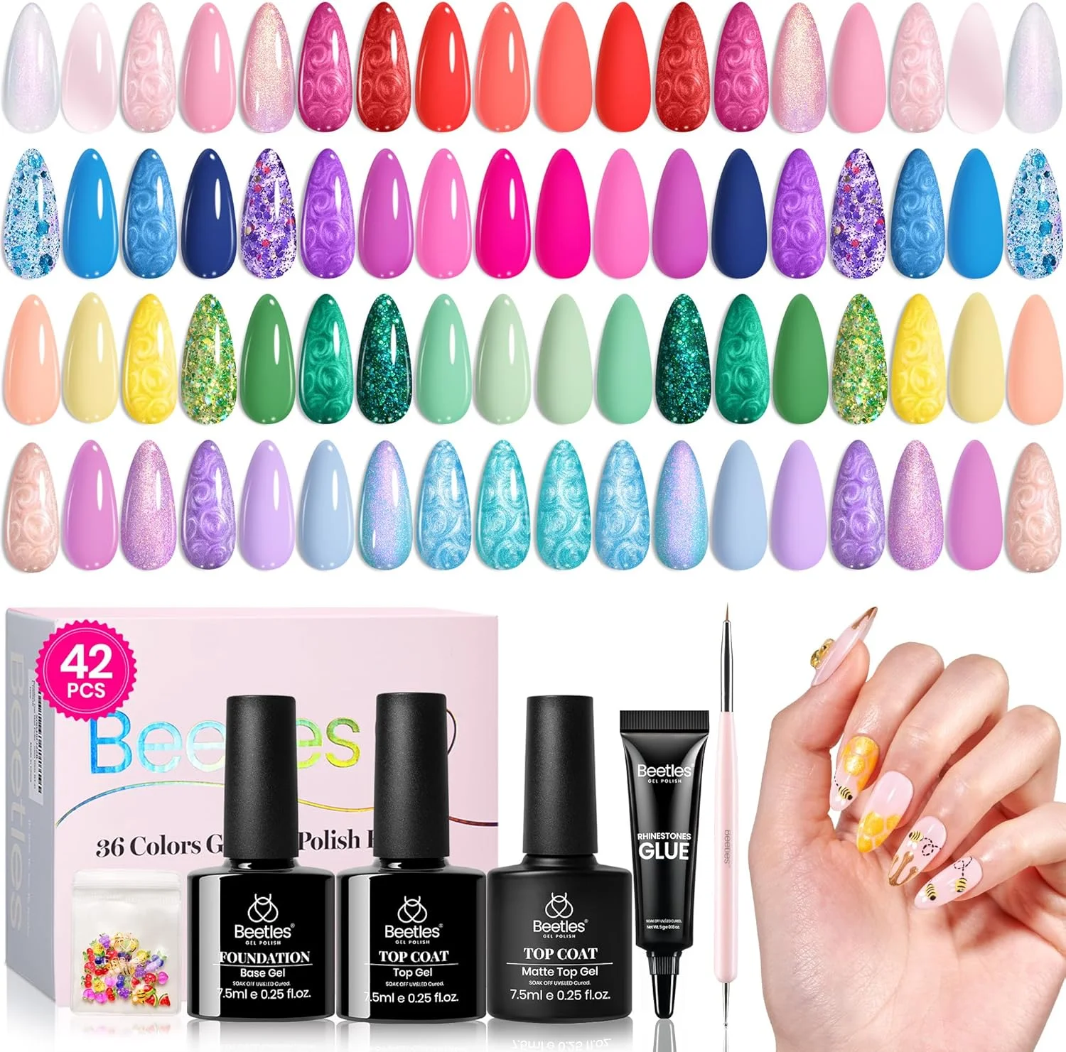 مجموعه لاک ژل بیتلز در رنگ های تابستانی، ۴۲ تکه، رنگ های یو وی، آبی، صورتی، بنفش، نارنجی، اکلیلی براق، مجموعه پری جنگلی با نگین های هنری، هدیه برای زنان و دختران