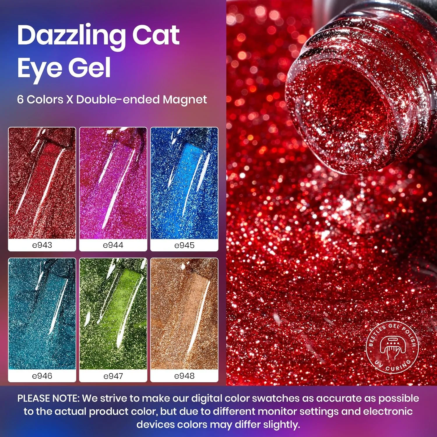 لاک ژل چشم گربه ای بیترلز، 6 رنگ قرمز، بنفش، سبز، آبی، طلایی، ست اکلیلی هولوگرافیک و آهنربا، اکلیل UV، مخملی، براق، سری Soiree، هدیه