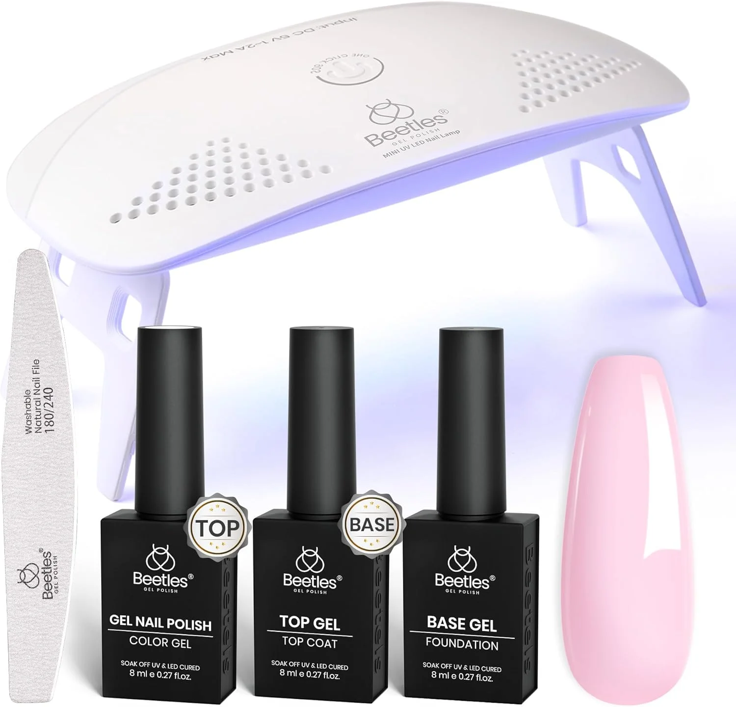 ست لاک ژل صورتی کالباسی Beetles با دستگاه UV LED، لاک پایه و روکش، ست محبوب رنگ های صورتی کالباسی با سوهان ناخن و دستگاه لاک خشک کن مناسب هدیه و طراحی ناخن در خانه