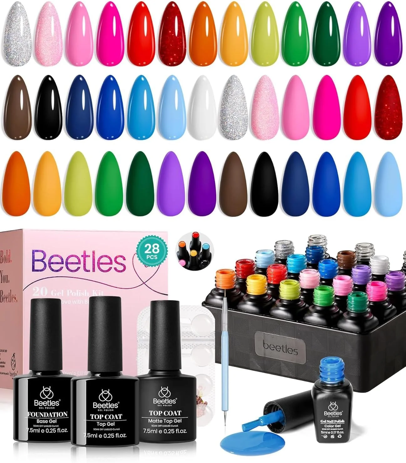 ست لاک ژل تابستانی Beetles، ۲۸ رنگ صورتی، زرد، سبز، قرمز و آبی، مجموعه Blokecore به همراه قلم دو طرفه و بیس کت و تاپ کت مناسب طراحی ناخن رنگین کمانی در خانه