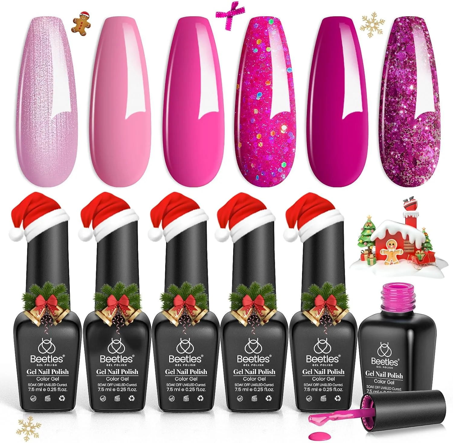 مجموعه لاک ژل صورتی Beetles، 6 رنگ لاک ژل قرمز گل رز اکلیلی صورتی داغ با ست دانه برف برای دختران، لاک ژل ناخن UV LED DIY