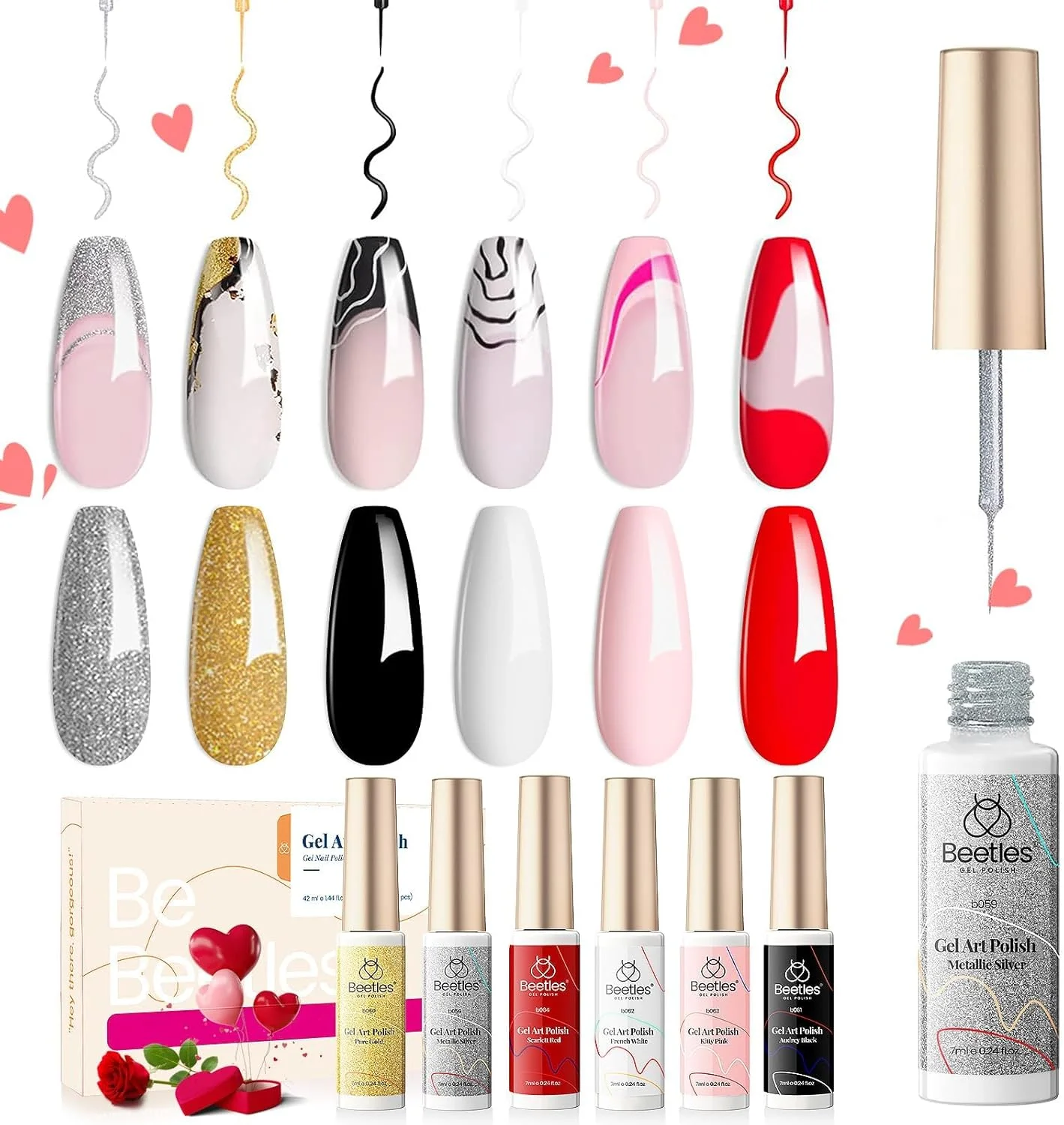 لاک ژل طراحی ناخن بیتلز - ست 6 عددی طراحی ناخن، رنگ های مشکی، سفید، قرمز، رنگ طراحی برای ناخن با قلم موی نازک طراحی ناخن، لاک ژل اکلیلی طلایی و نقره ای مناسب طراحی ناخن کریسمس