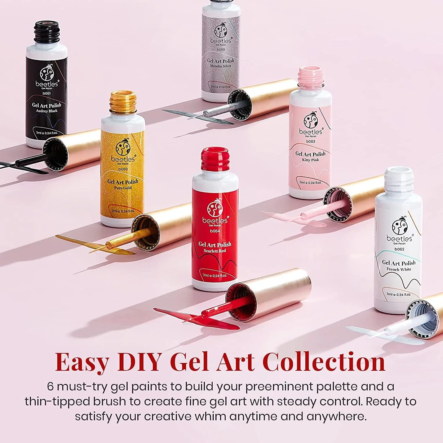 لاک ژل طراحی ناخن بیتلز - ست 6 عددی طراحی ناخن، رنگ های مشکی، سفید، قرمز، رنگ طراحی برای ناخن با قلم موی نازک طراحی ناخن، لاک ژل اکلیلی طلایی و نقره ای مناسب طراحی ناخن کریسمس