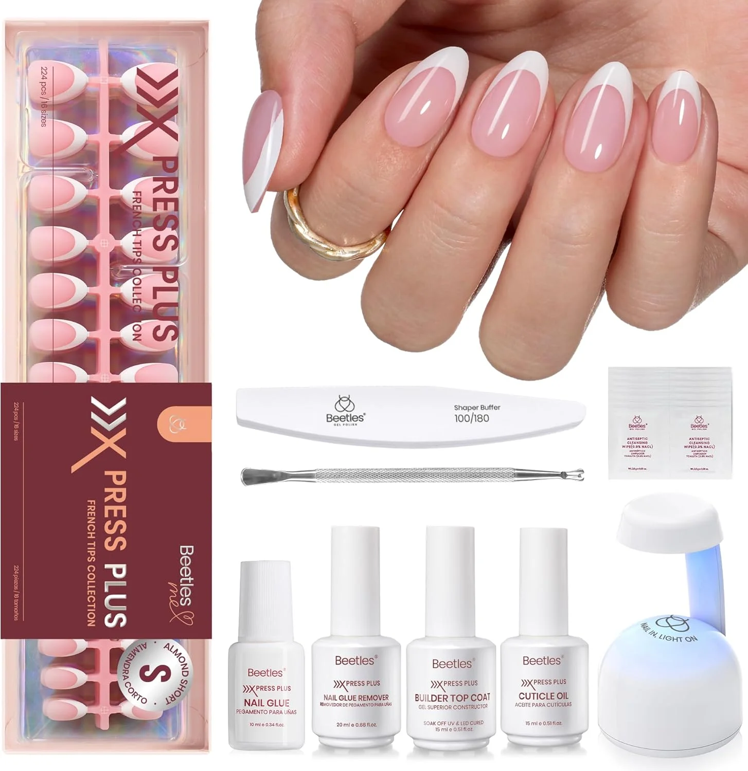 کیت لاک ژل ناخن X Press، نوع بادامی کوتاه با 224 فرنچ تیپ، چسب و ریموور، تاپ کت، مینی لامپ، هدیه DIY، همه در یک، برای خانم ها
