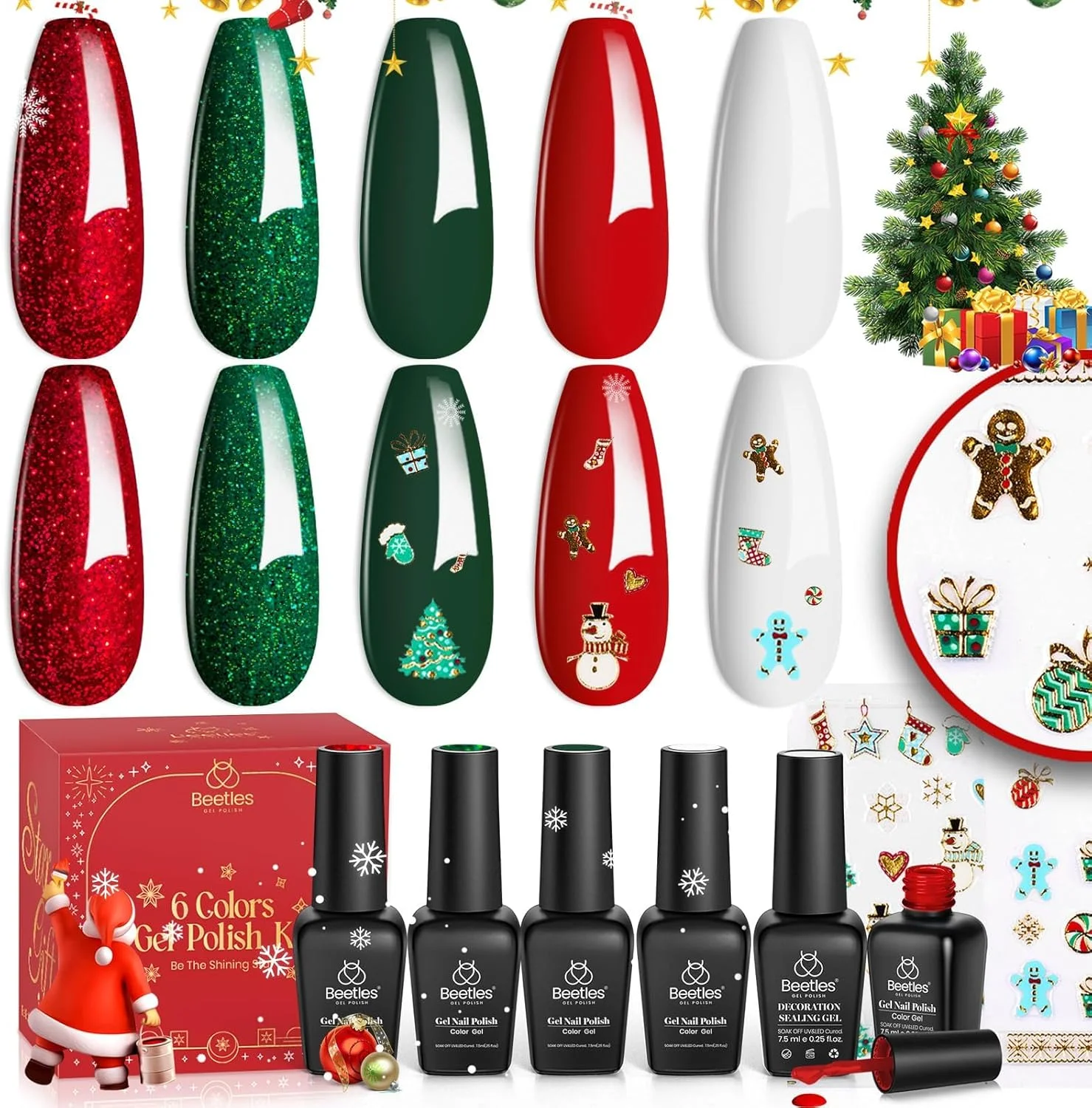 مجموعه لاک ژل Beetles - سری تعطیلات کریسمس اکلیلی زرشکی قرمز سبز، هدیه مانیکور UV LED به همراه تقویت کننده و استیکر