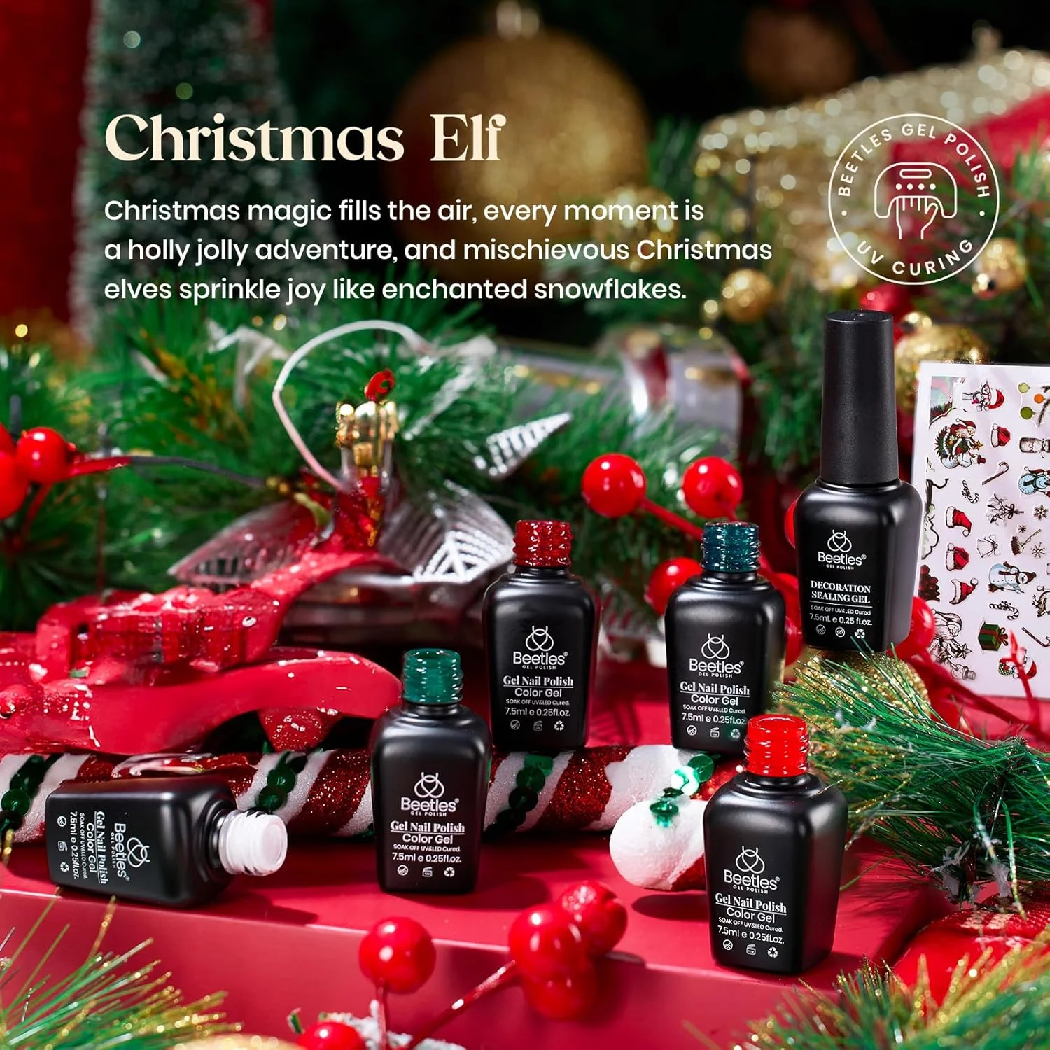 مجموعه لاک ژل Beetles - سری تعطیلات کریسمس اکلیلی زرشکی قرمز سبز، هدیه مانیکور UV LED به همراه تقویت کننده و استیکر