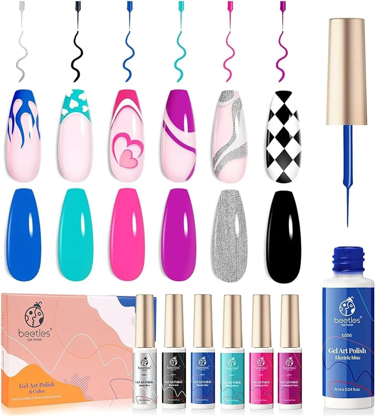 لاک ژل طراحی ناخن beetles، 6 رنگ لاک طراحی ناخن برای طراحی های چرخشی، آبی نئونی، صورتی چرک، اکلیل نقره ای، قلم موی طراحی ناخن نازک مناسب هنر ناخن تابستانی و سایبرپانک