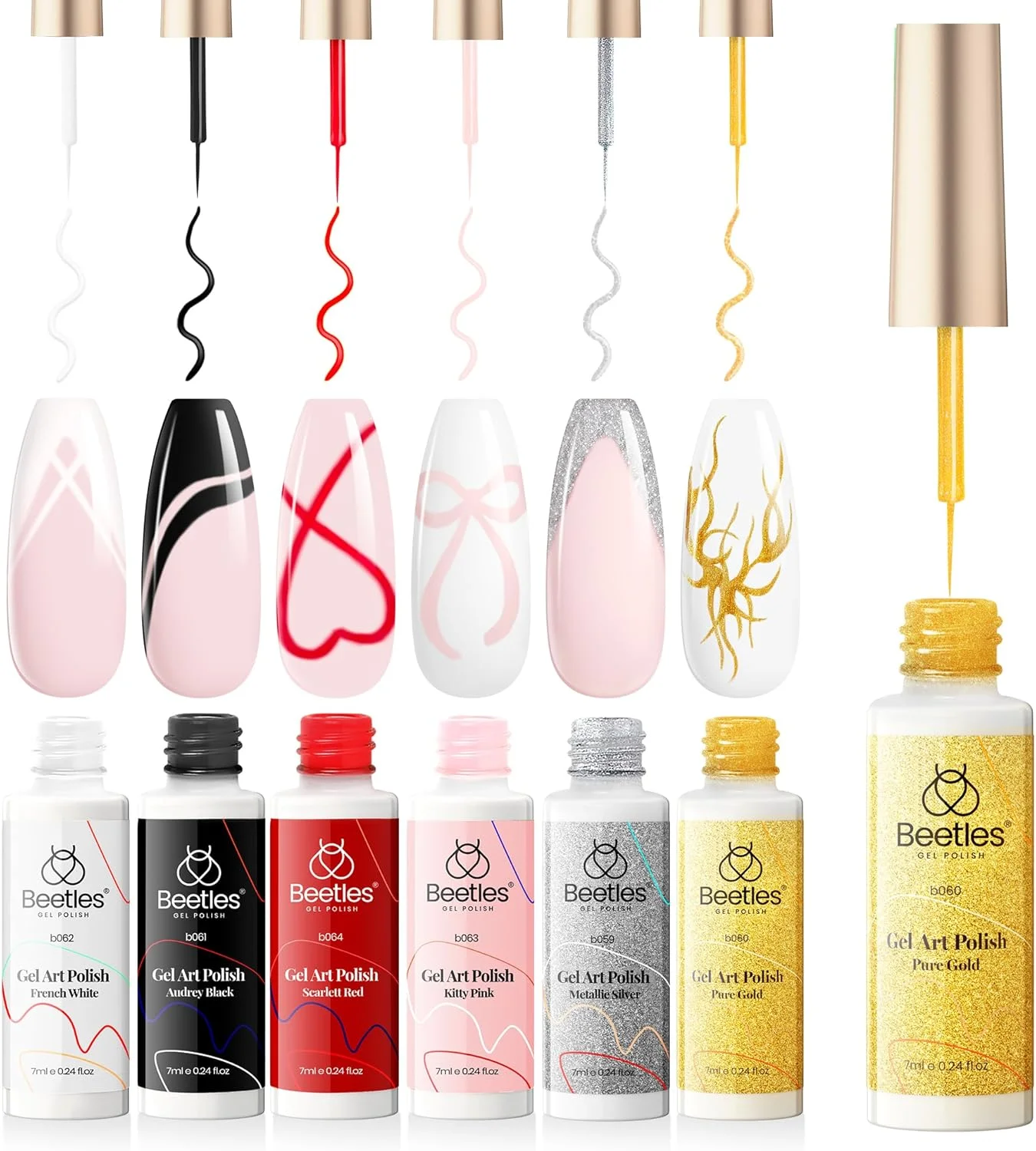 ست ژل لاک طراحی ناخن Beetles - رنگ های محبوب مشکی، سفید و قرمز، ژل رنگی طراحی ناخن برای طراحی های چرخشی، دارای برس نازک طراحی ناخن در بطری، قلم ژلی، لاک ژل اکلیلی طلایی