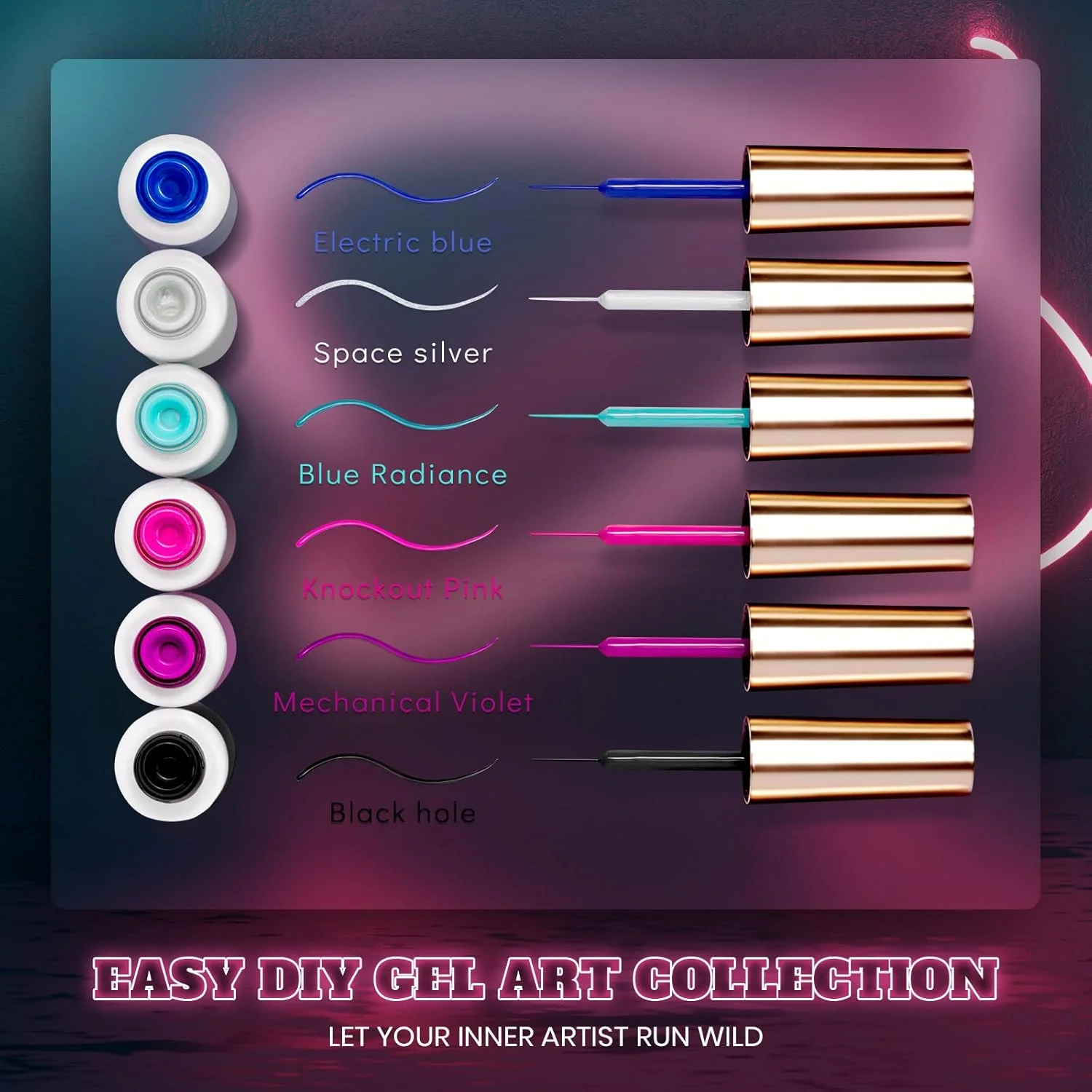 لاک ژل طراحی ناخن beetles، 6 رنگ لاک طراحی ناخن برای طراحی های چرخشی، آبی نئونی، صورتی چرک، اکلیل نقره ای، قلم موی طراحی ناخن نازک مناسب هنر ناخن تابستانی و سایبرپانک