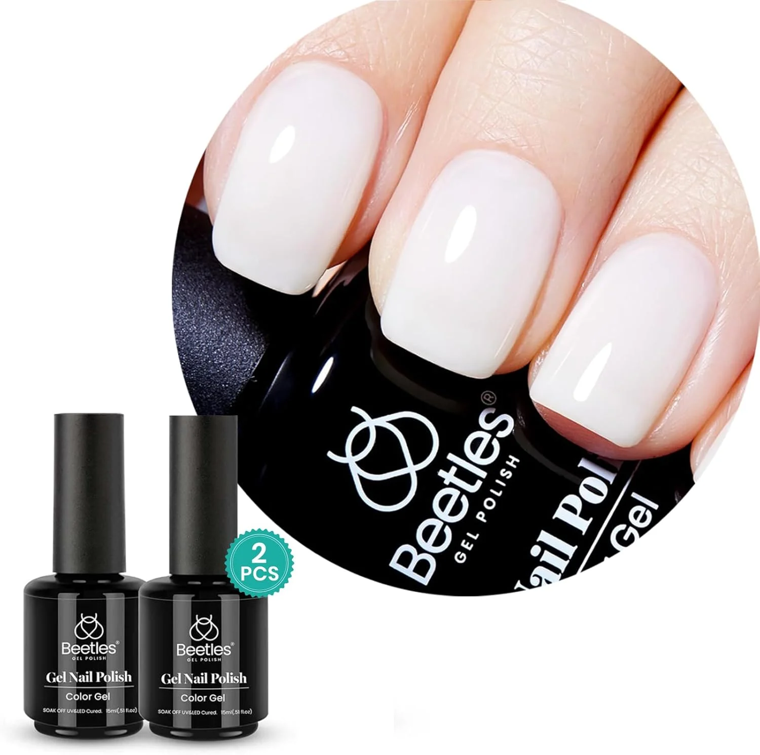 لاک ژل ناخن UV Beetles - 15 میل سفید شیری، 2 عدد لامپ LED ناخن، لاک پاک شو، مانیکور ناخن، طراحی ناخن ژله ای، هدیه برای خانم ها، مبتدیان، طراحی ناخن