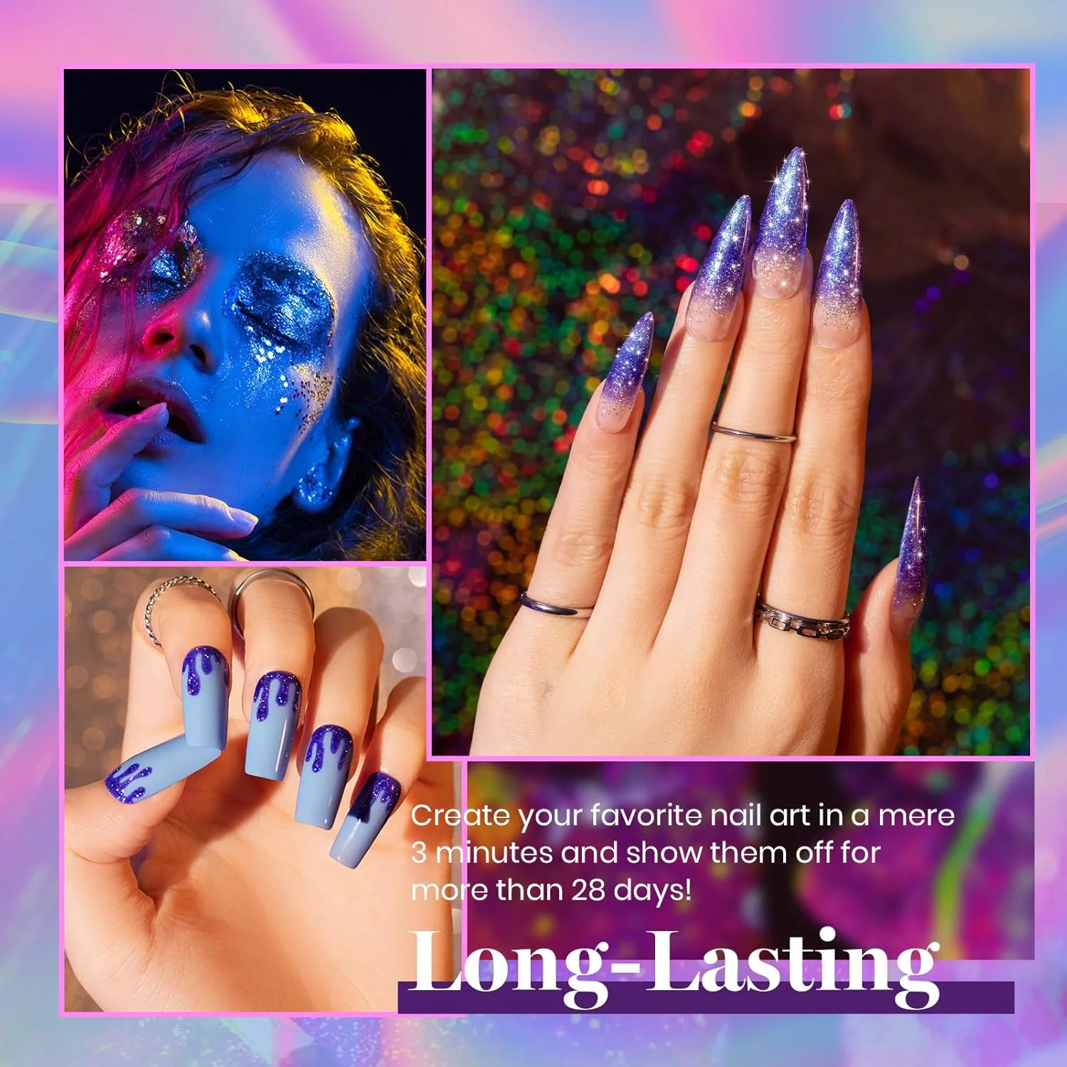 ست لاک ژل 20 عددی Beetles، مجموعه Midnight Euphoria، ست اکلیلی بنفش آبی صورتی، لاک براق و مات، طراحی ناخن، هدیه روز ولنتاین برای زنان و دختران