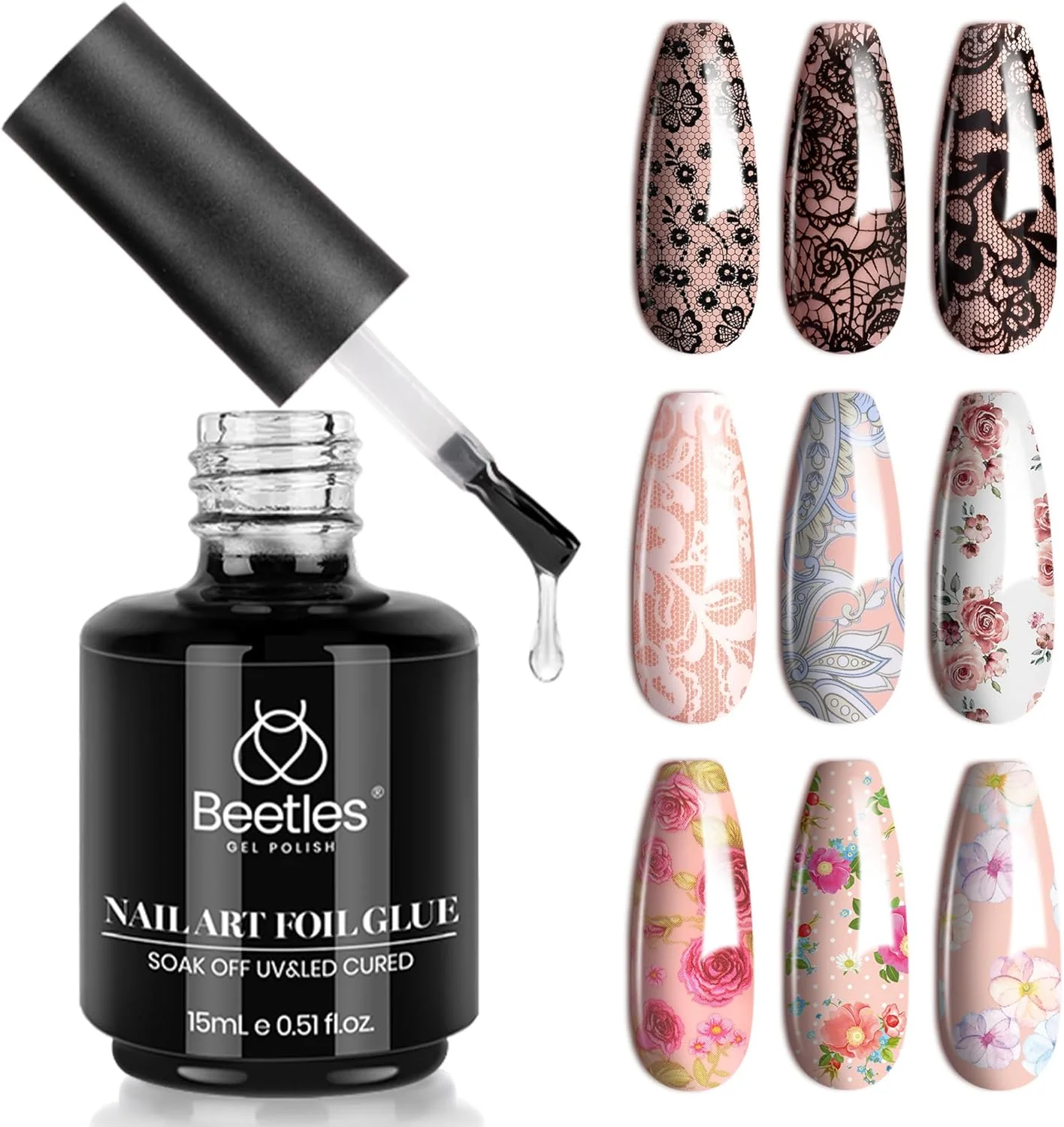 چسب فویل طراحی ناخن ژلی برای استیکرهای فویلی، چسب انتقال طراحی ناخن 15 میلی لیتر، مناسب برای مانیکور و طراحی ناخن، نیازمند لامپ LED، قابلیت خیساندن