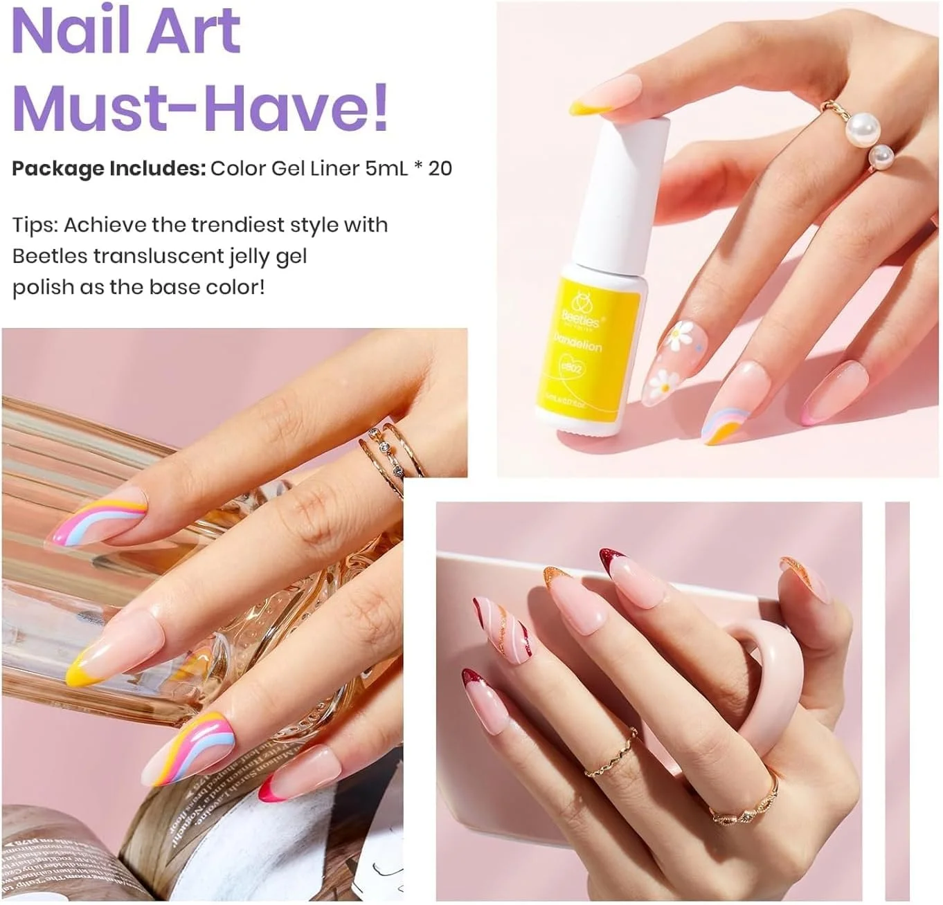 مجموعه لاک ژل طراحی ناخن بیتلز - 20 رنگ لاک ژل طراحی، صورتی، آبی، سفید، قرمز، قهوه ای، لاک ژل اکلیلی، لاک ژل خیساندنی UV، برس نازک ناخن سرخود، هدیه برای بانوان