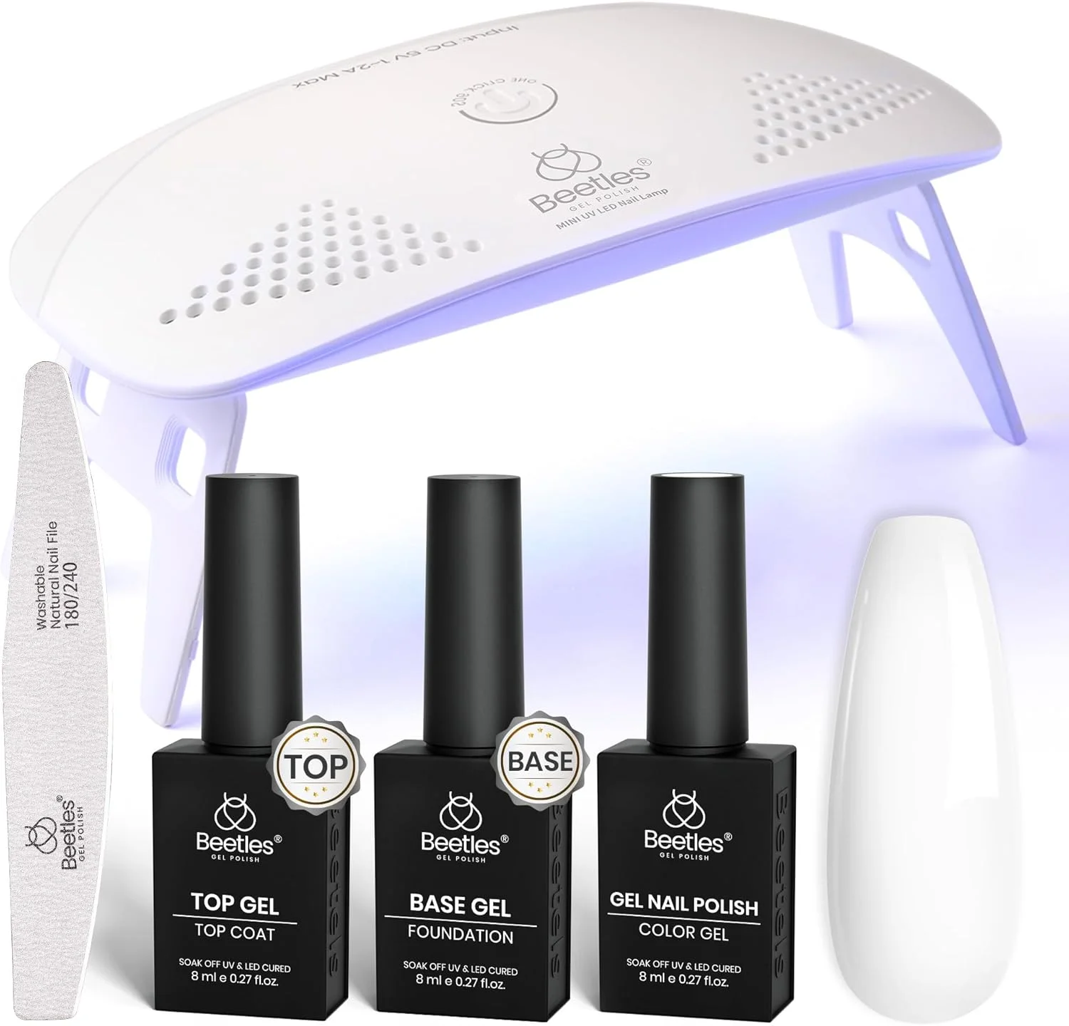 ست لاک ژل Beetles، لاک سفید با دستگاه یو وی، ست 5 تکه شامل بیس، تاپ کت و سمباده برای مبتدیان، ست طراحی ناخن، هدیه مانیکور، برای خانم ها و دختران نوجوان