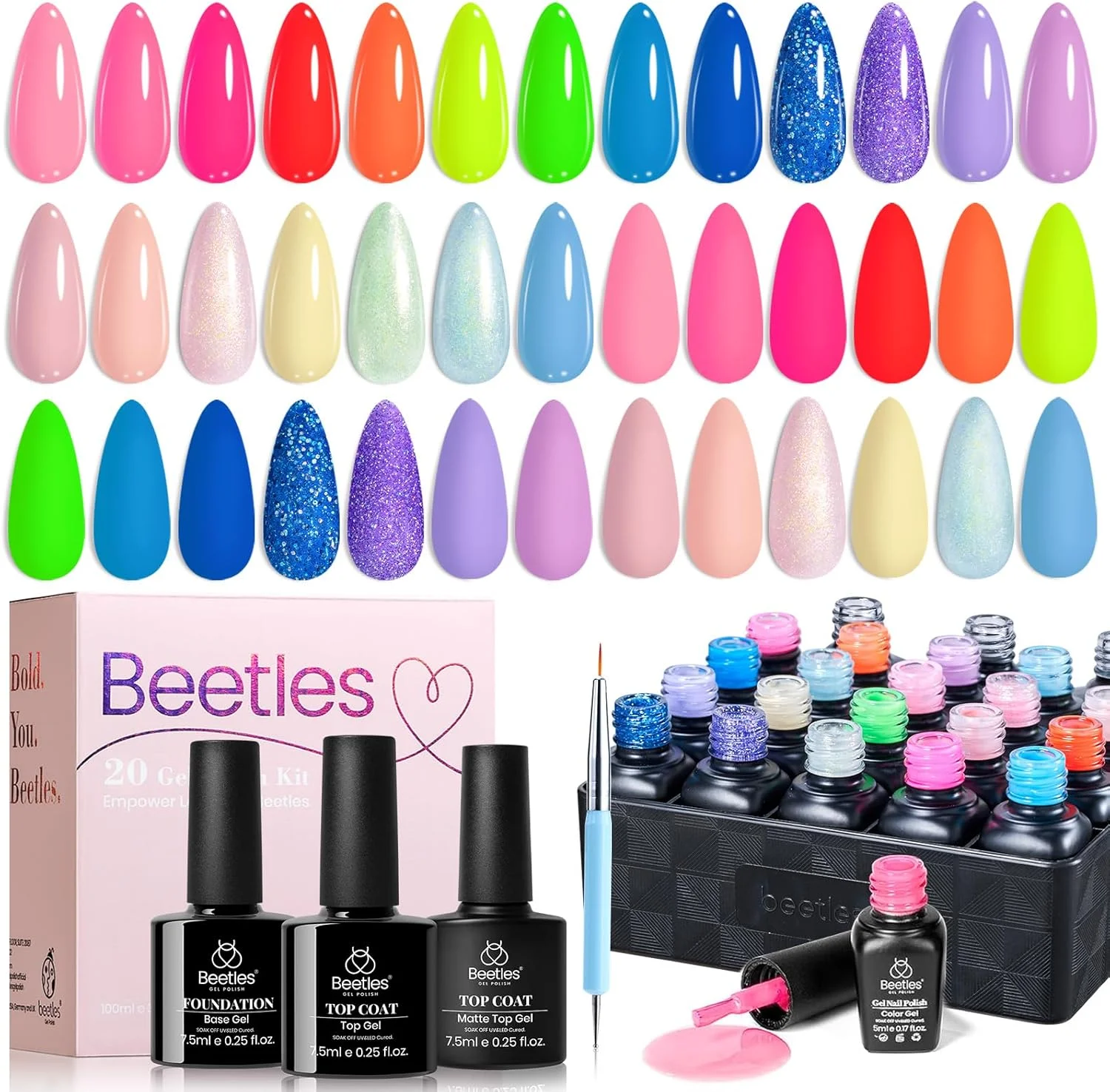 ست لاک ژل 20 عددی بیترلز، مجموعه روز ولنتاین، ست لاک صورتی کالباسی قرمز، آبی پاستلی نئون، کیت هدیه برای دوست دختر با پوشش براق و مات و لایه پایه، کریسمس 2021