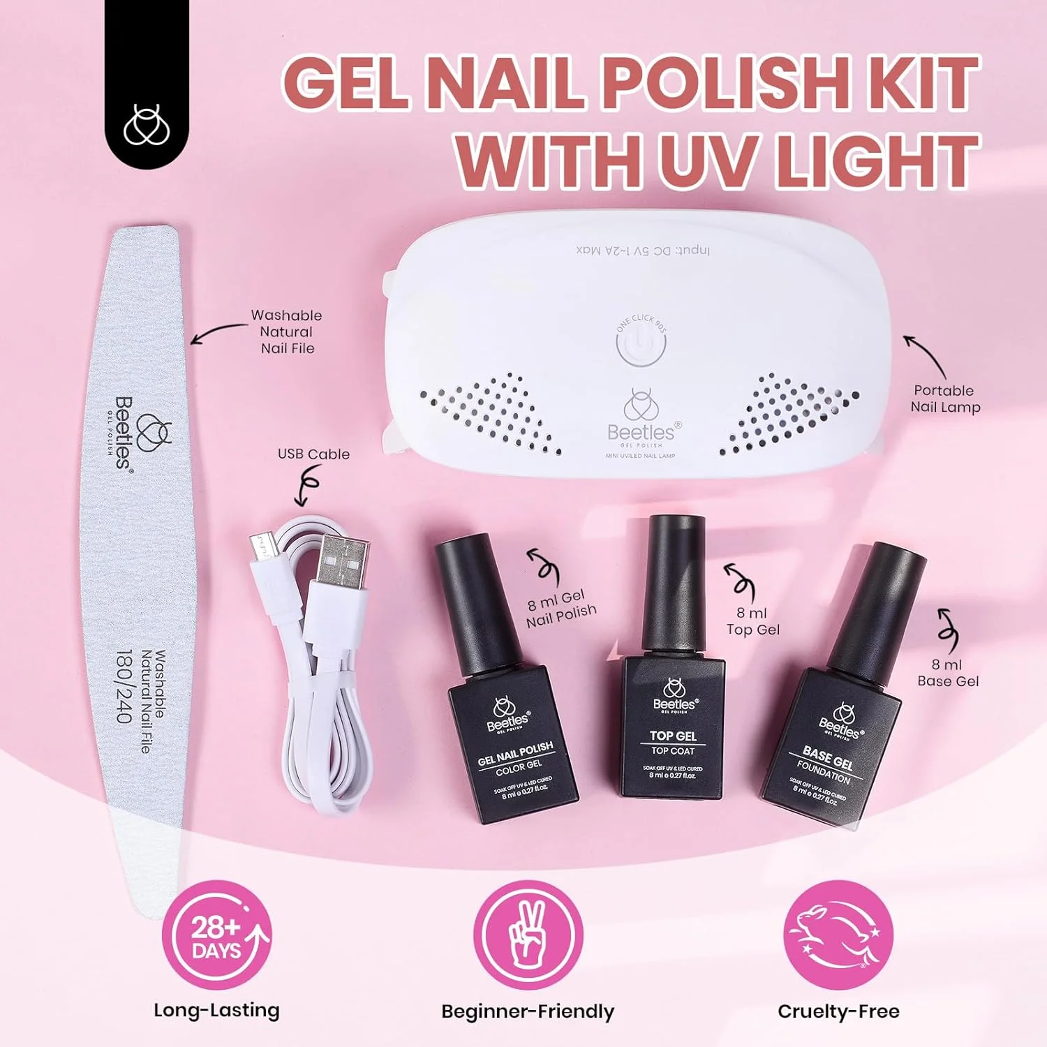 ست لاک ژل Beetles، لاک سفید با دستگاه یو وی، ست 5 تکه شامل بیس، تاپ کت و سمباده برای مبتدیان، ست طراحی ناخن، هدیه مانیکور، برای خانم ها و دختران نوجوان