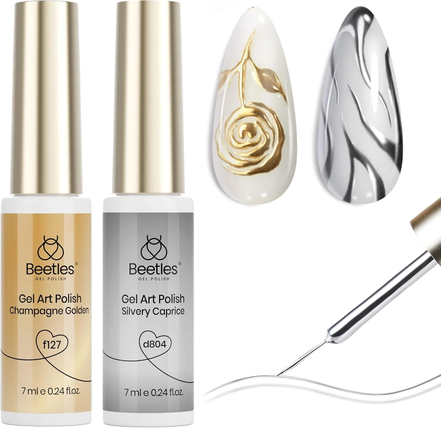 ست لاک ژل متالیک طراحی ناخن بیتلز، نقره ای، برنزی، طلایی، 2 عددی، لاک ژل طراحی ناخن کروم سه بعدی با جلوه براق برای طراحی ناخن با قلم موی نازک، مناسب مانیکور فرانسوی خانگی، نیاز به خشک شدن با دستگاه
