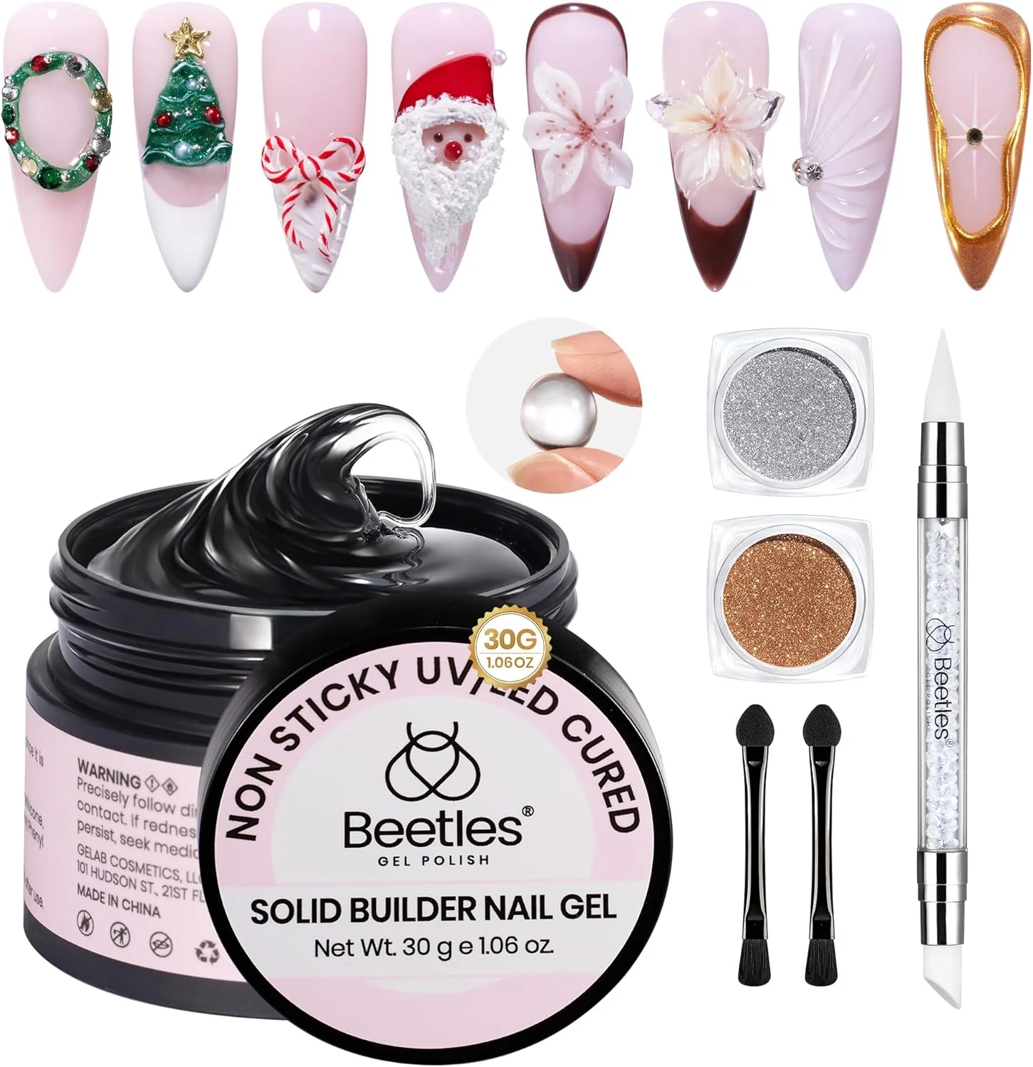 ژل بیلدر ناخن جامد Beetles، 30 گرم ژل طراحی ناخن سه بعدی شفاف، ژل مجسمه سازی غیر چسبنده، ژل سخت برای طراحی ناخن با پودر کروم، هدیه قلم طراحی ناخن برای بانوان، نیاز به لامپ LED و UV