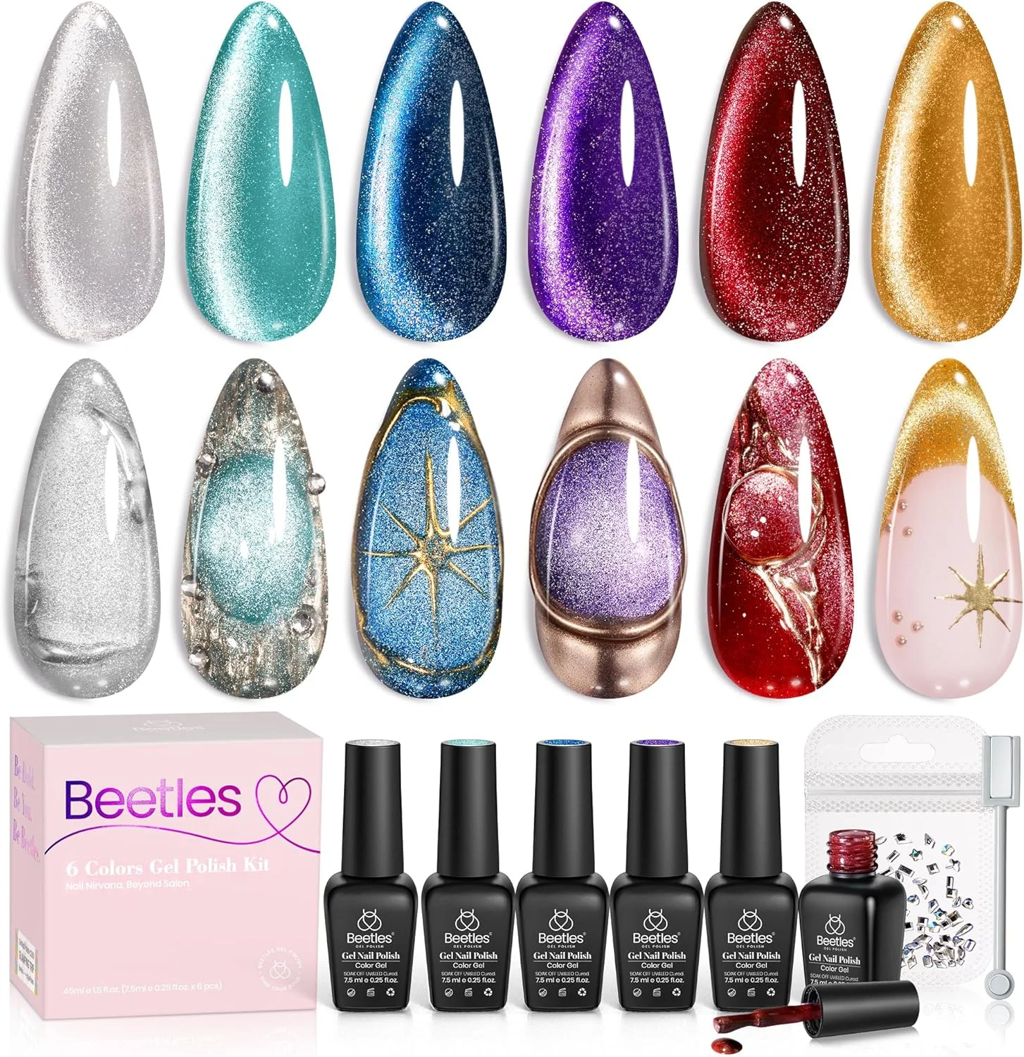 لاک ژل چشم گربه ای بیتلز، ست لاک 6 رنگ مغناطیسی، اکلیلی هولوگرافیک، شرابی، قرمز، آبی، بنفش، جلوه درخشان، مخملی خیره کننده، مناسب سالن و استفاده شخصی