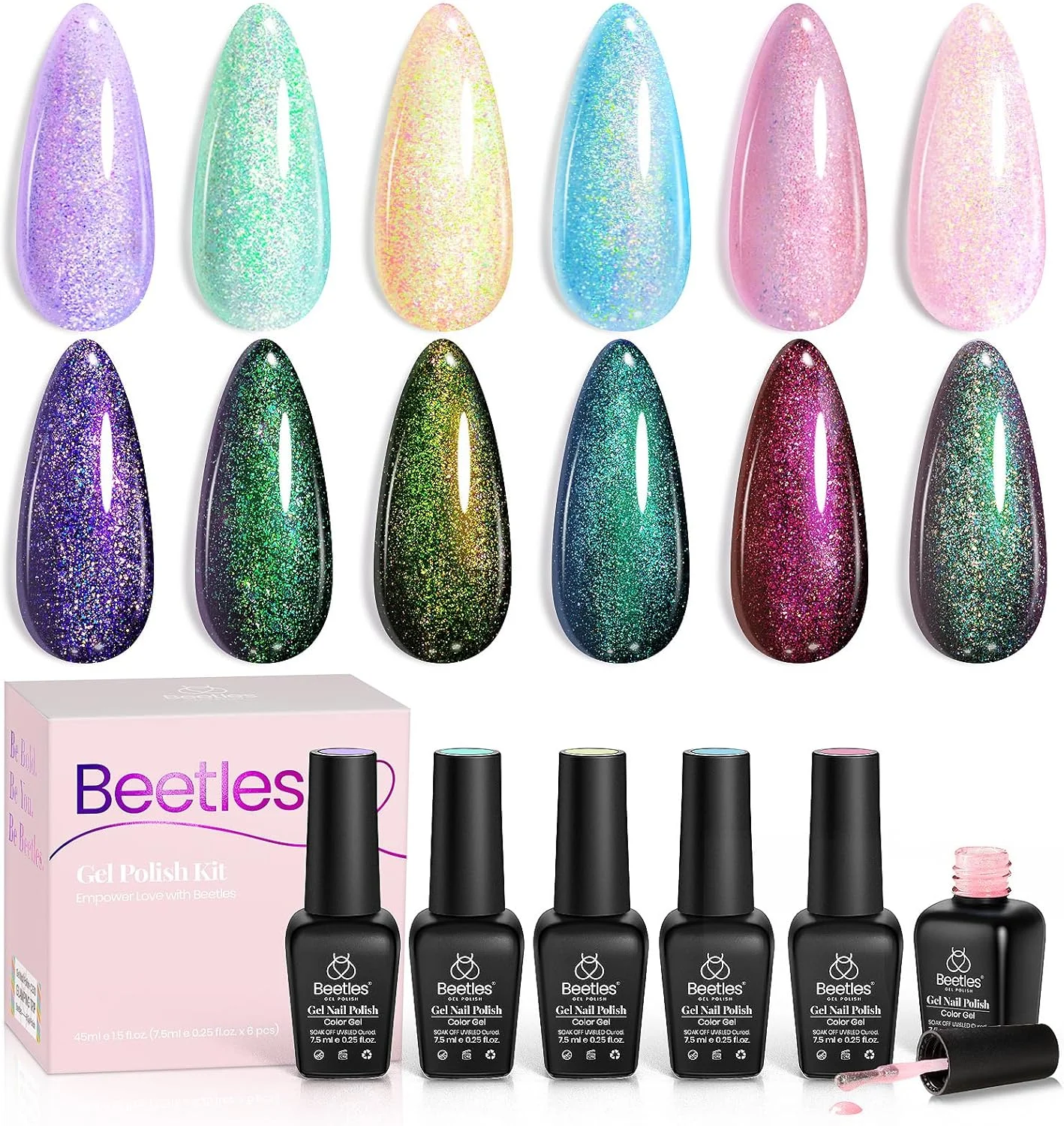 ست لاک ژل اکلیلی بیتلز، صورتی پاستیلی، بنفش، آبی، 6 رنگ، هاله سحابی، آفتاب پرست، لامپ UV، هدیه برای خانم ها