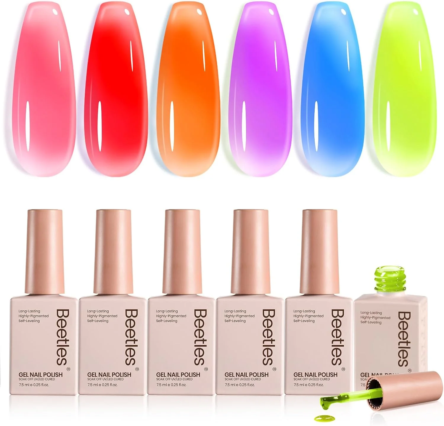 ست لاک ژل ژله ای بیتلز - 6 رنگ، کیت تابستانی نئون، صورتی چرک، قرمز، نارنجی، بنفش، آبی، زرد، جلوه شفاف، خیساندن با اشعه ماوراء بنفش، مانیکور فرانسوی، هدیه برای خانم ها