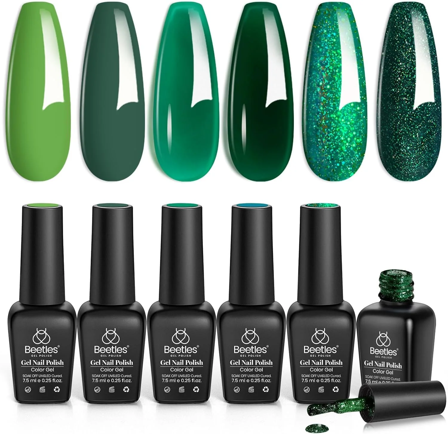 مجموعه لاک ژل کارناوال همیشه بهار بیتلز - ست 6 عددی اکلیلی سبز درخشان، خیساندن زیر لامپ UV، طرح های هنری ناخن سبز آووکادو تیره، هدیه برای دختران
