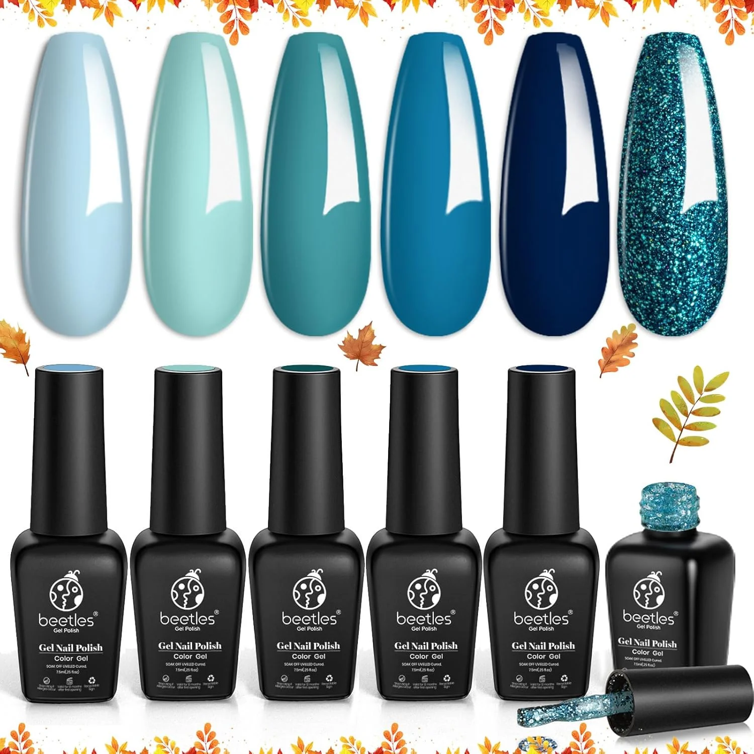 مجموعه لاک ژل بیتلز در ۶ رنگ: آبی، سبز، اکلیلی تیره، آبی-سبز، سرمه ای، رنگ های جواهری، کیت درخشان، مناسب استفاده با UV، مناسب طراحی ناخن، هدیه مانیکور برای دختران
