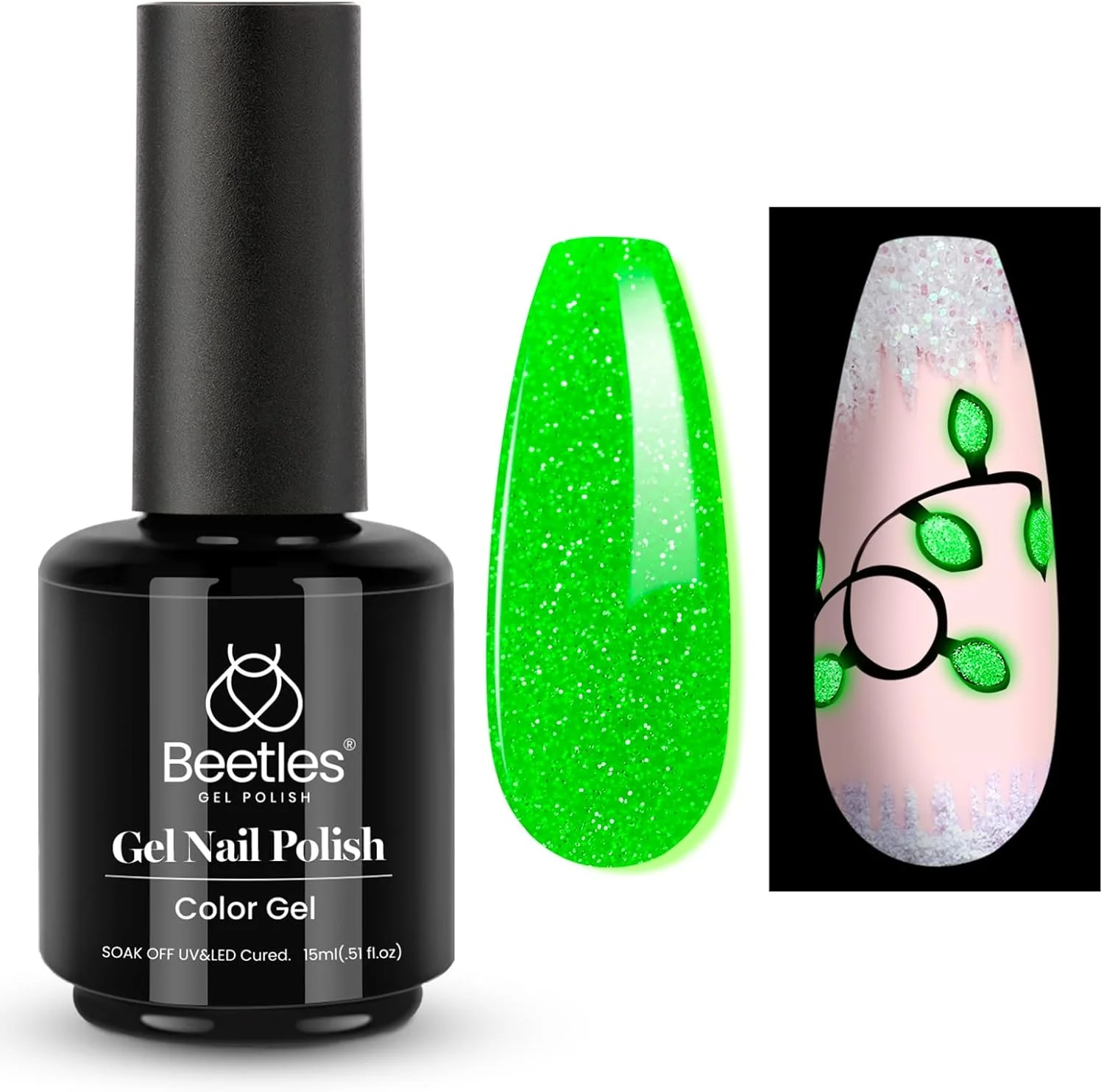 لاک ژل ناخن شب تاب سبز درخشان Beetles مناسب هالووین، لاک ژل یو وی LED، طراحی ناخن هالووین، مناسب استفاده در سالن و منزل، 15 میل