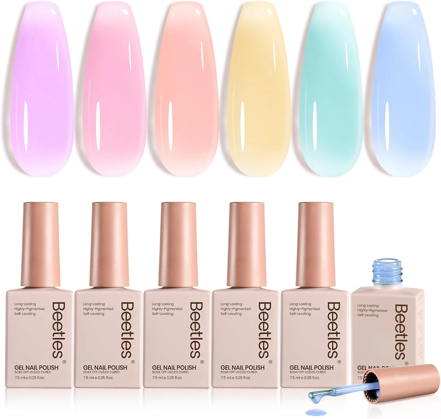 لاک ژل ناخن سوسک ها، ست لاک ژل ناخن 6 رنگ صورتی آبی بنفش ژله ای، مجموعه رنگ های شیرین آب نباتی، طراحی هنر ناخن، لاک ژل شفاف خیساندنی یو وی، کیت مانیکور DIY برای زنان و دختران بهاری