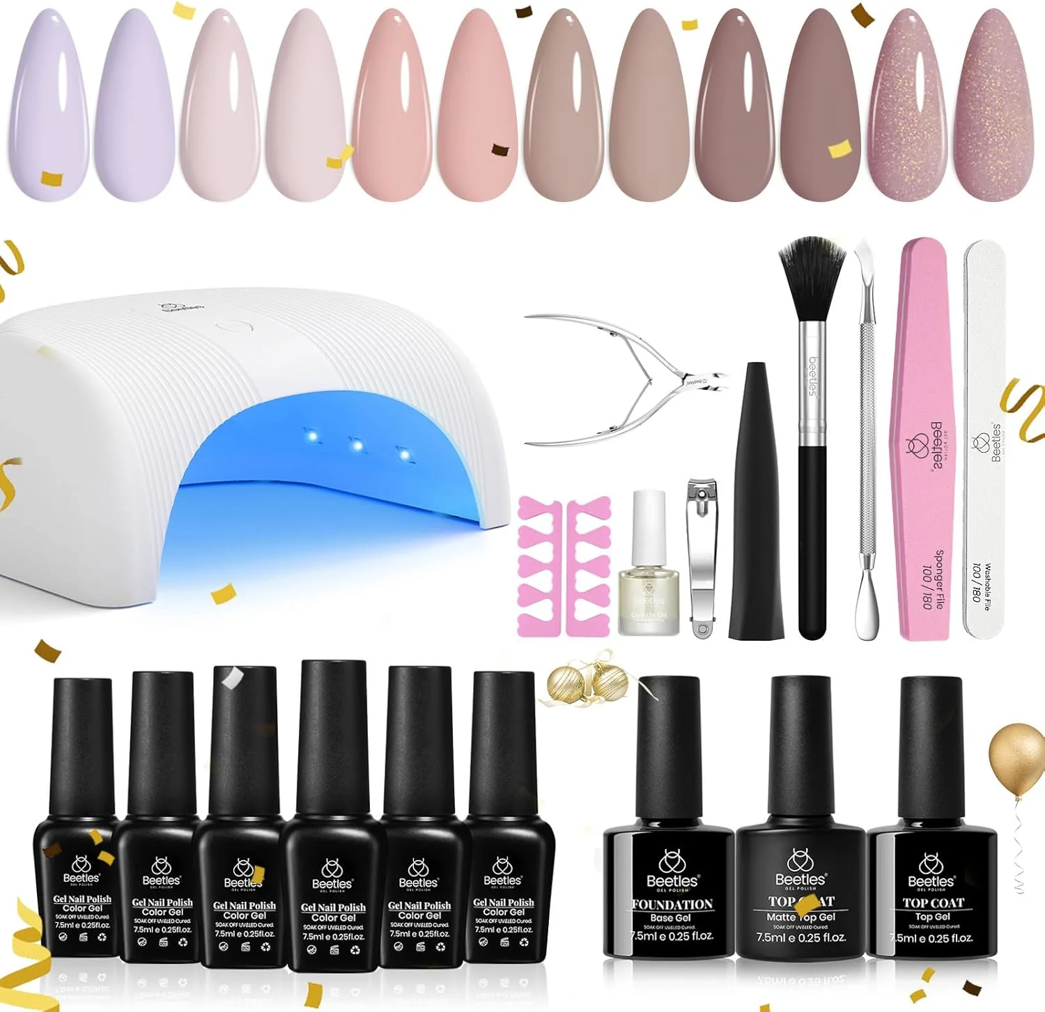 ست لاک ژل ناخن بیتلز با دستگاه LED، بیس کت و تاپ کت، 6 رنگ نود و خنثی، ست مبتدی، مانیکور DIY در خانه، لوازم ضروری ناخن، هدیه