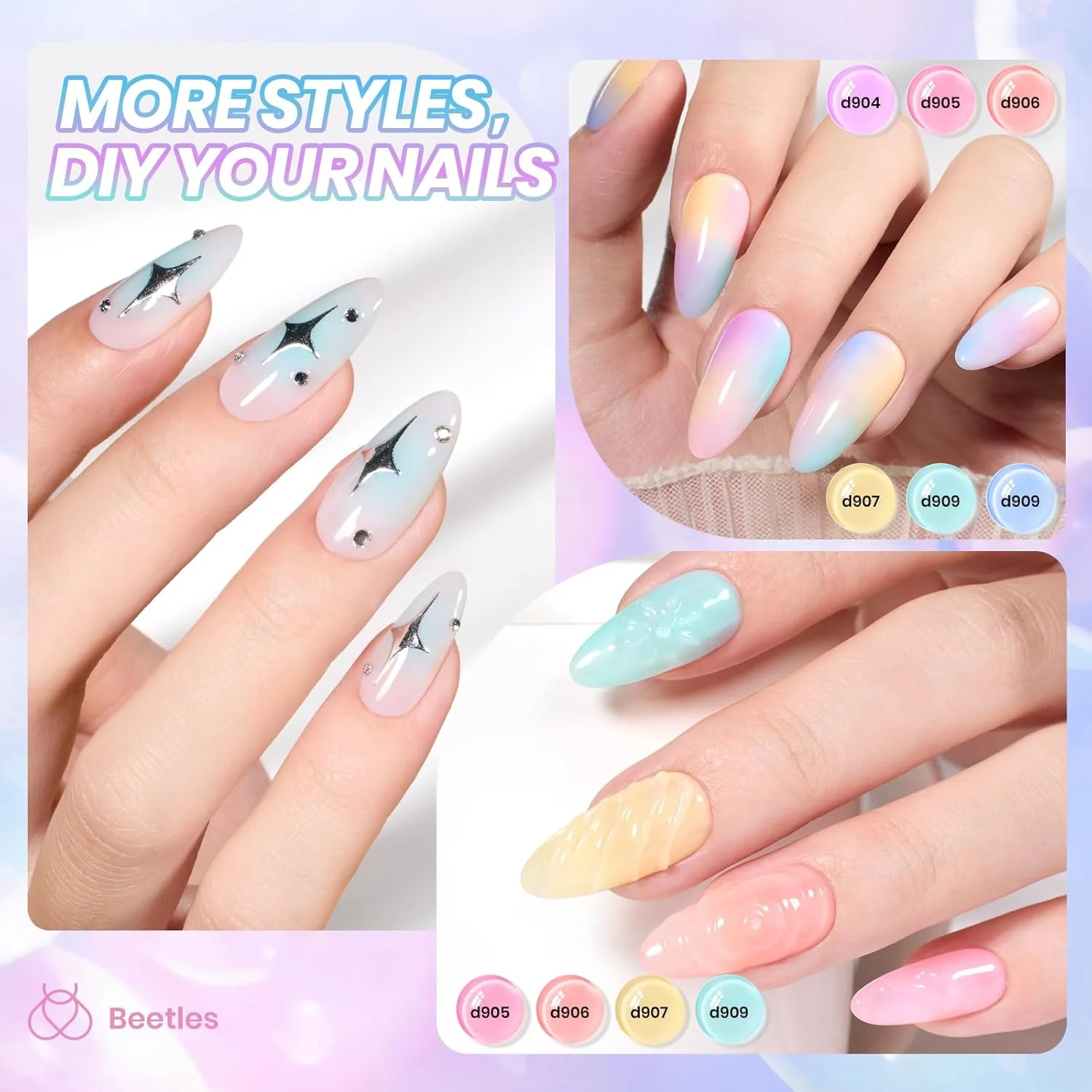 لاک ژل ناخن سوسک ها، ست لاک ژل ناخن 6 رنگ صورتی آبی بنفش ژله ای، مجموعه رنگ های شیرین آب نباتی، طراحی هنر ناخن، لاک ژل شفاف خیساندنی یو وی، کیت مانیکور DIY برای زنان و دختران بهاری