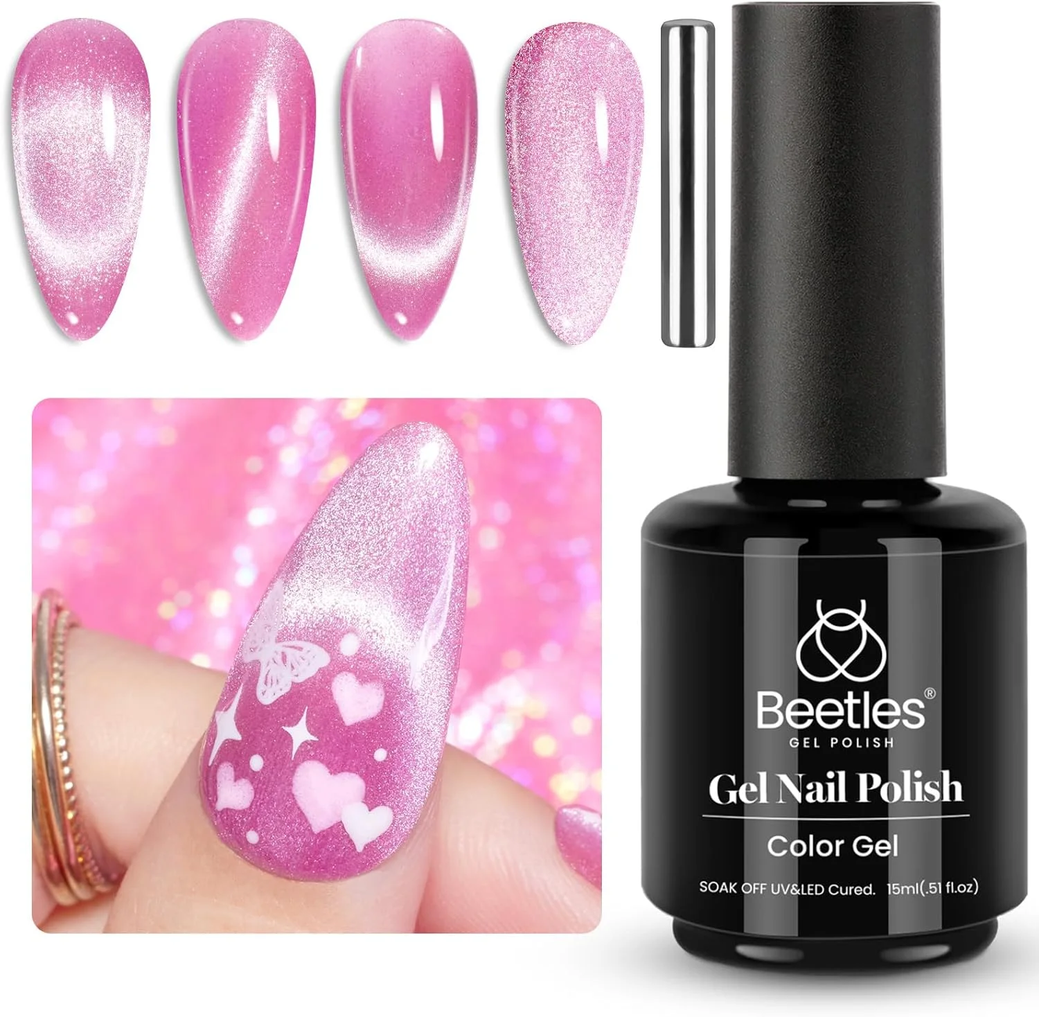 لاک ژل چشم گربه ای Beetles 15ml، لاک ناخن ژل چشم گربه ای صورتی همراه با آهنربا، لاک ناخن ژل مخملی صورتی، اکلیل نقره ای، قابل برداشتن با خیساندن، UV LED، هدیه مانیکور خانگی DIY برای زنان و دختران