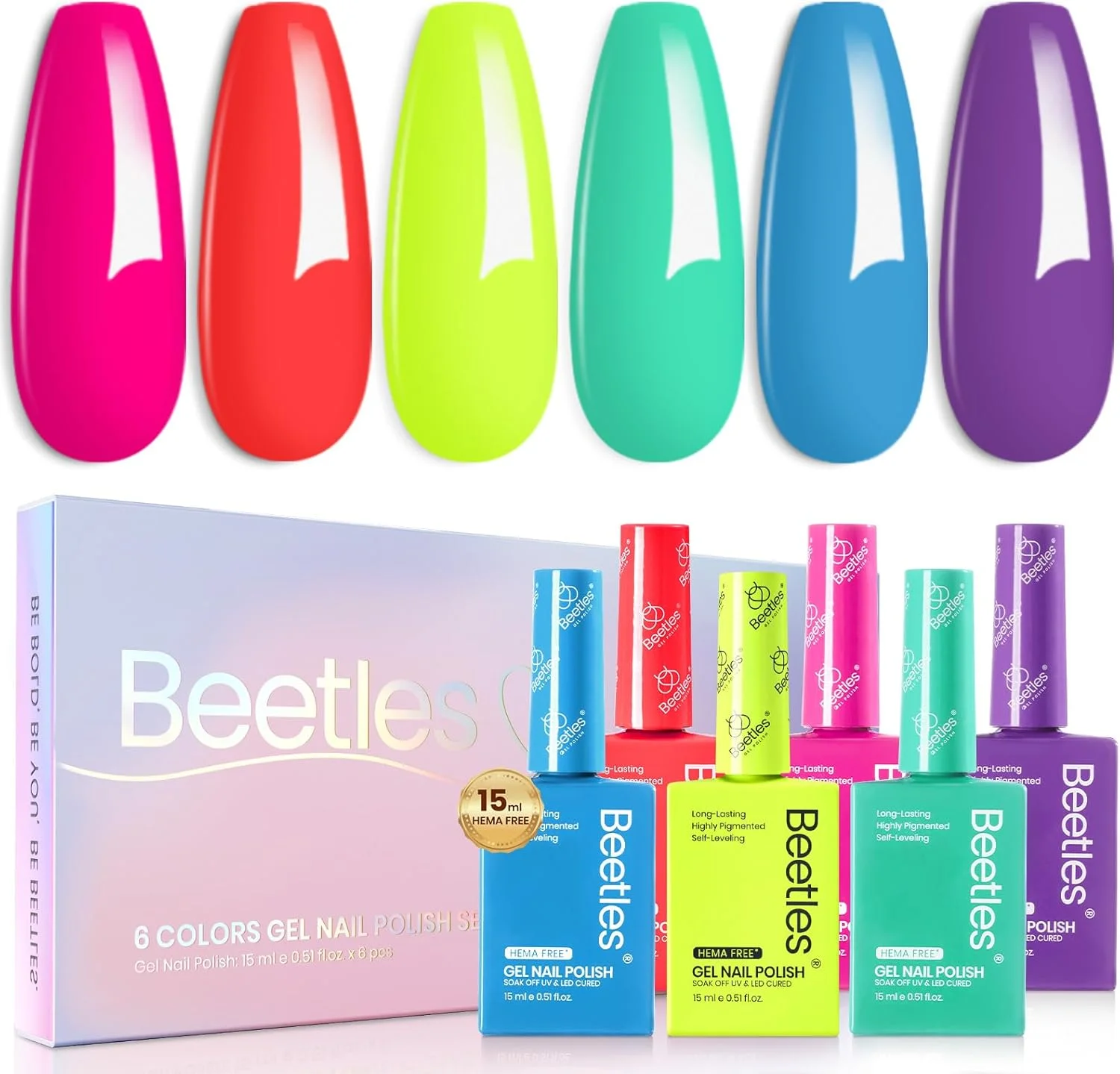 ست لاک ژل بیتلز، 6 رنگ، نئون، صورتی آتشین، نارنجی، زرد، آبی، بنفش، سبز، کیت با لامپ ال ای دی یو وی، 15 میل، خودت انجام بده، مانیکور خانگی، سالن