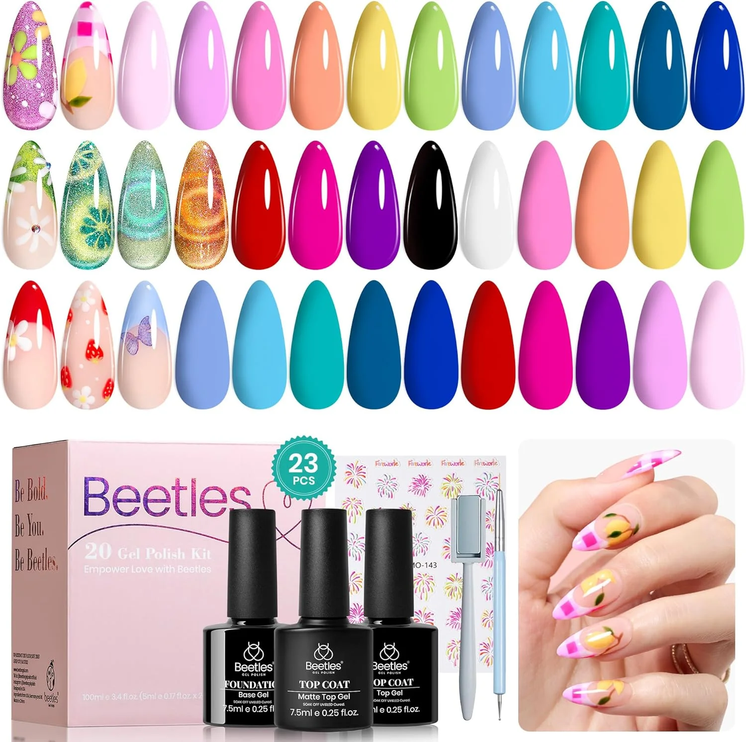 مجموعه لاک ژل ناخن بیتلز - کیت لاک ژل چشم گربه ای پادشاهی جادویی، 20 رنگ صورتی روشن آبی سفید مشکی سبز بنفش پاستلی، خیساندن LED UV با 3 عدد لاک پایه و رویه، هدیه ناخن تعطیلات برای زنان