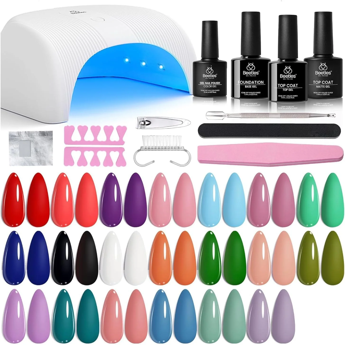 ست لاک ژل Beetles به همراه دستگاه UV - ست ۳۱ تکه لاک ژل با بیس کت، تاپ کت مات و براق، ژل UV مناسب تمام فصول، هدیه هنر ناخن برای خانم ها و دختران