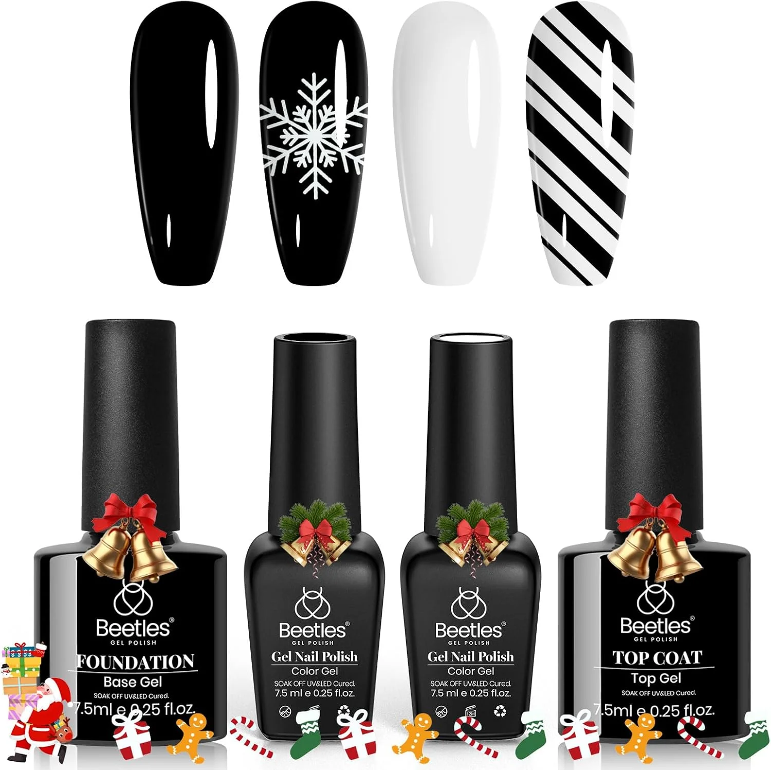 مجموعه لاک ژل ناخن بیتلز - 4 عدد لاک ژل 7.5 میلی لیتری مشکی و سفید به همراه تاپ کت و بیس کت بدون نیاز به تمیز کردن، لاک ژل ناخن UV LED